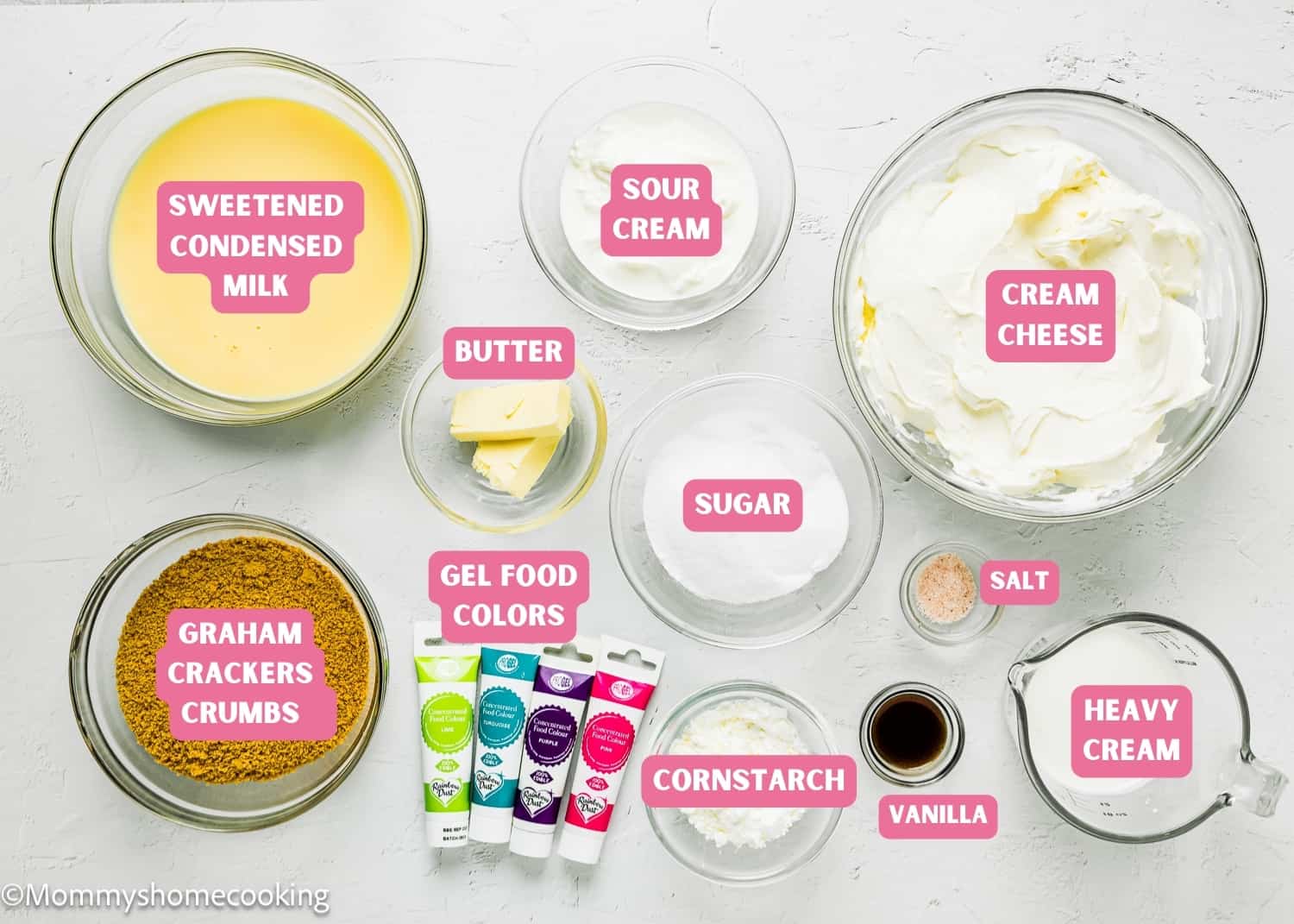 Ingredients needed to make Easy Baked Easter Cheesecake with No Eggs with name tags.