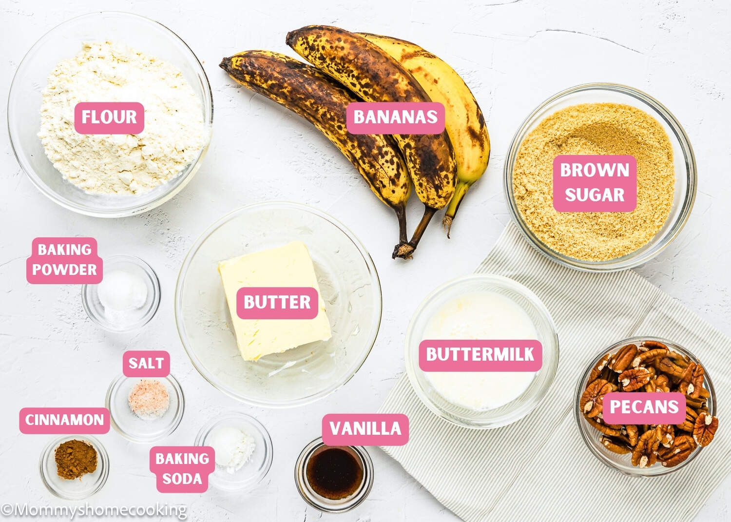Ingredients needed to make easy Banana Nut Bread Without Eggs Recipe with name tags.