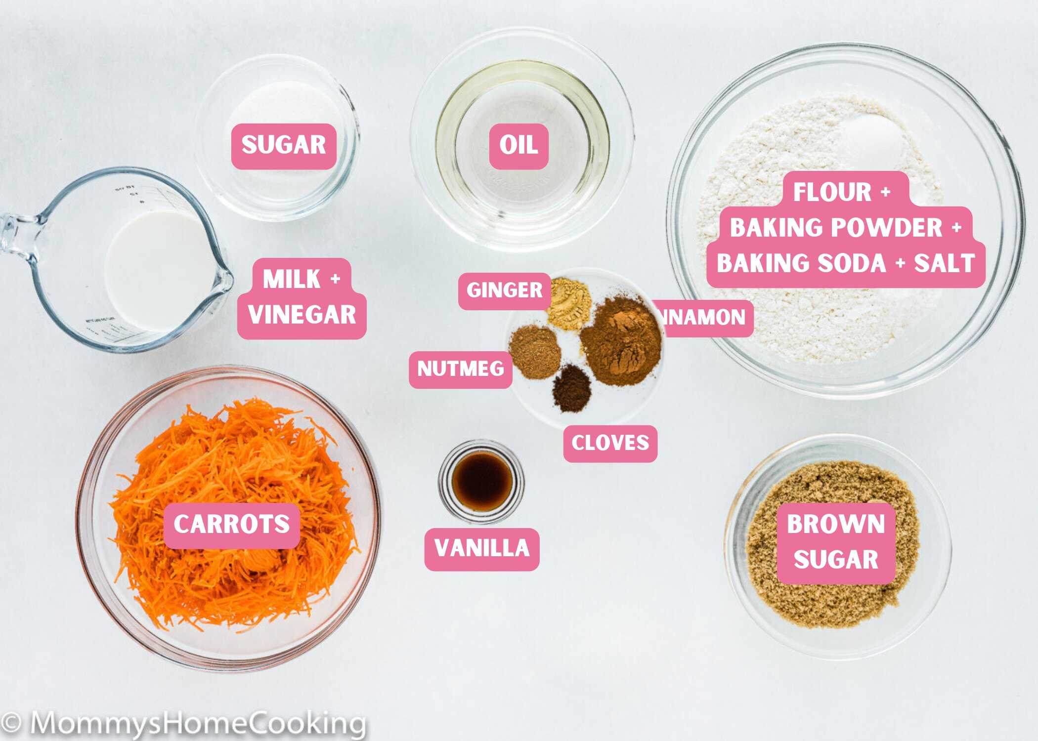 Easy Carrot Cake Muffins (No Eggs & No Dairy) ingredients with name tags.