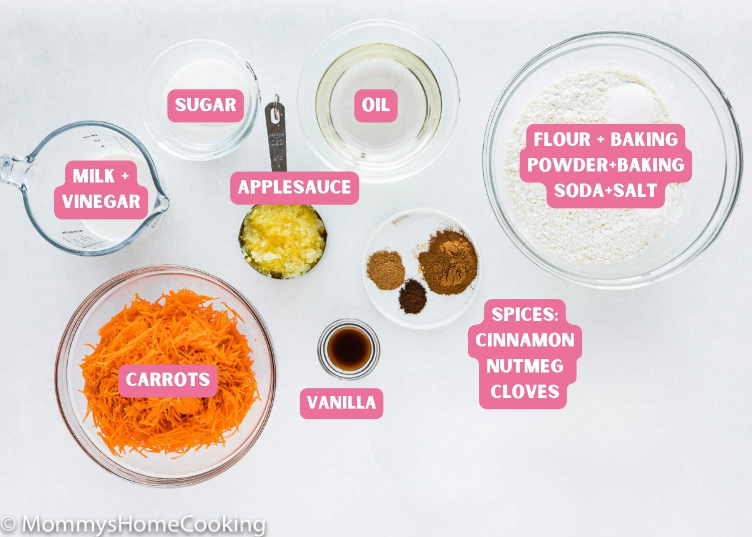 Ingredients needed to make Easy Carrot Cake Snack Cake (No Eggs – No Dairy) with name tags.