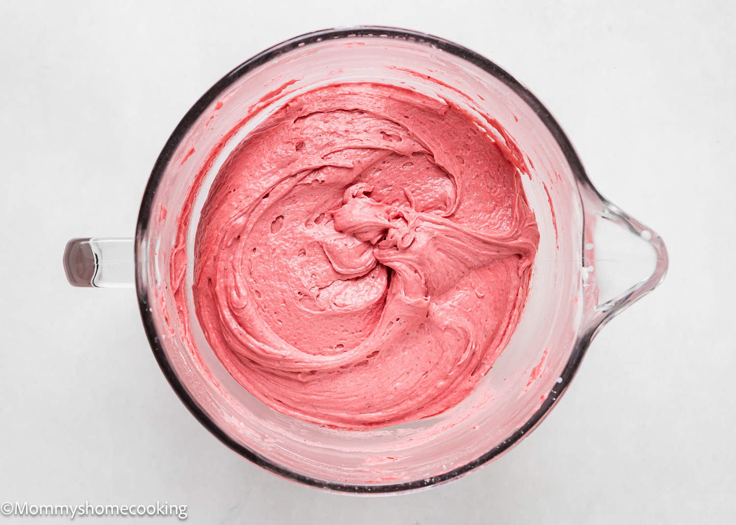 Strawberry Cakes cake batter made from scratch in a stand mixer bowl.