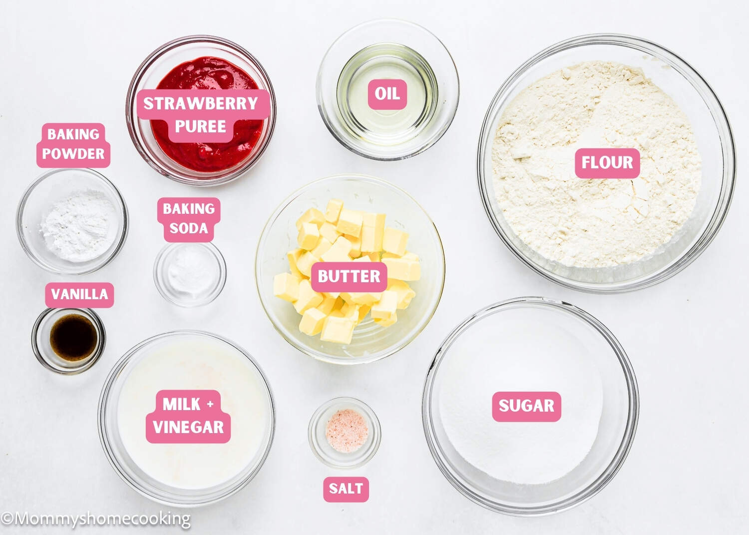 Ingredients needed to make Easy Fresh Strawberry Cake with name tags.