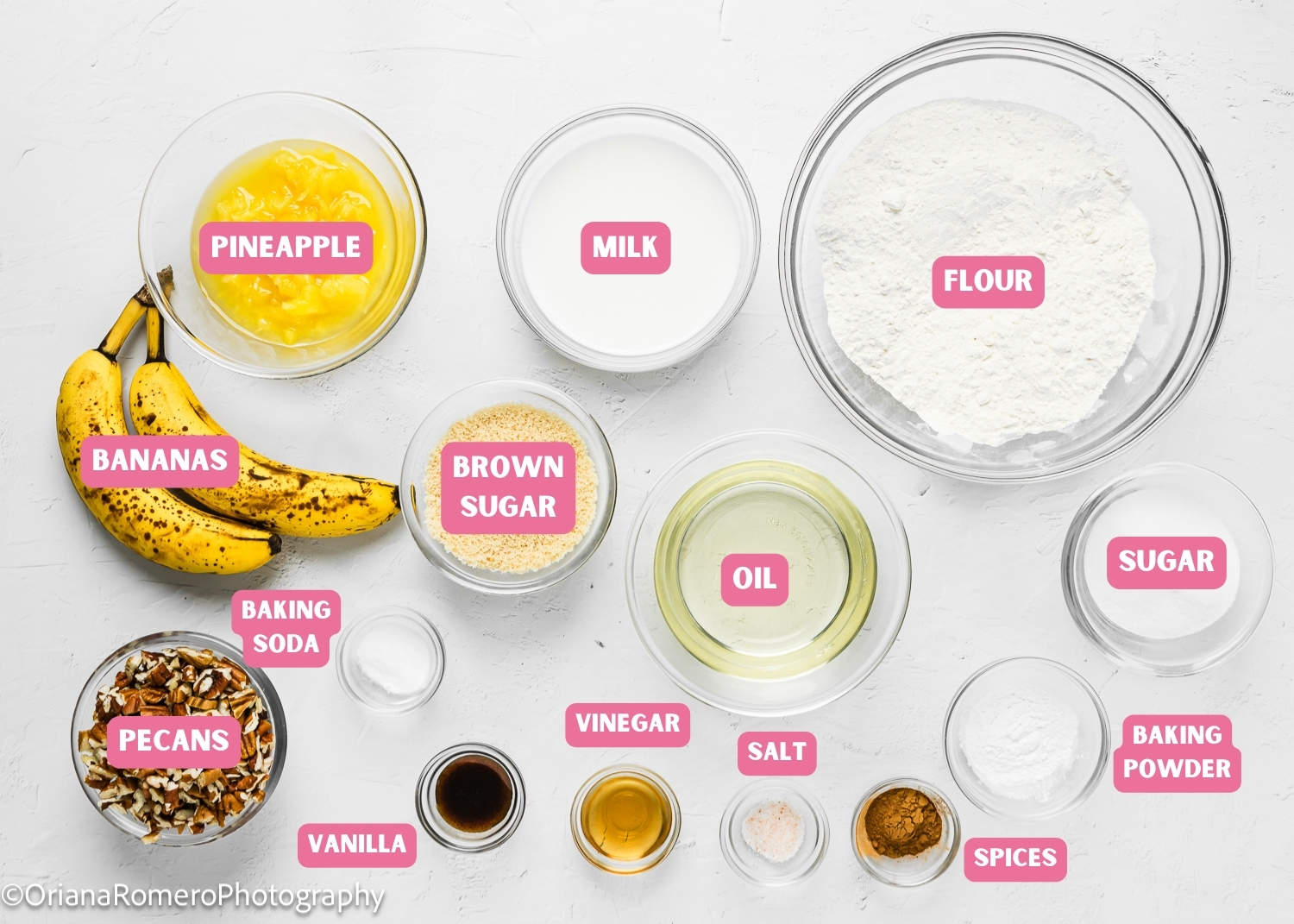 Ingredients needed to make a Hummingbird Cake with name tags.