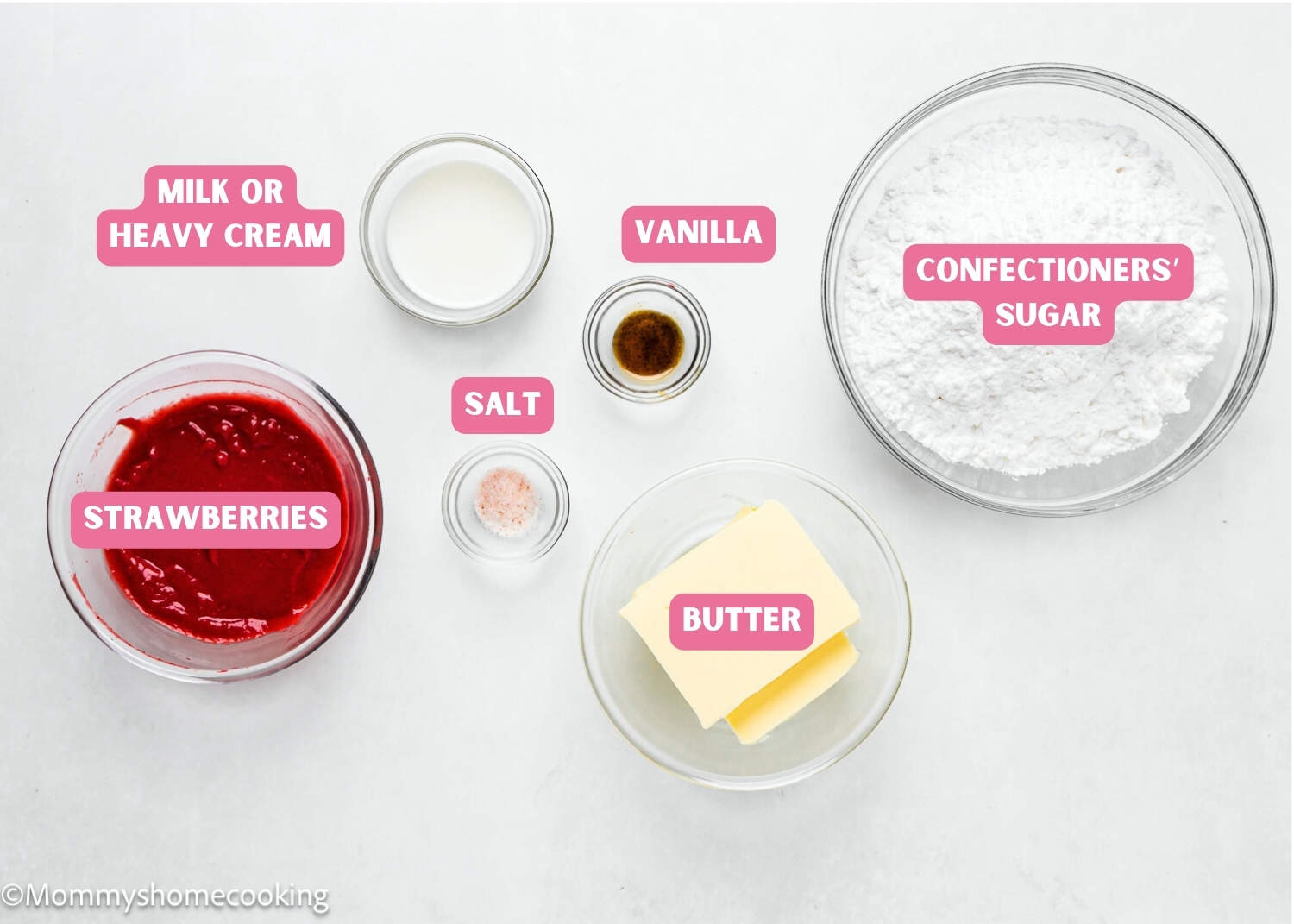 Ingredients needed to make easy homemade strawberry frosting with name tags.