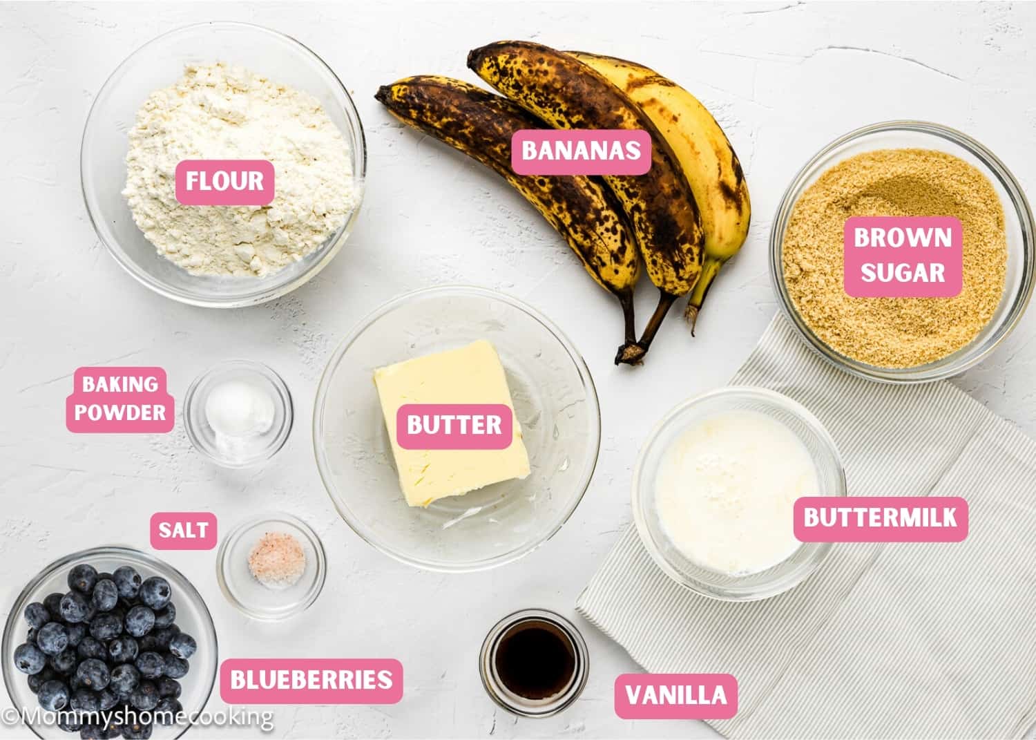 Ingredients needed to make Moist Blueberry Banana Bread without eggs with tag names.