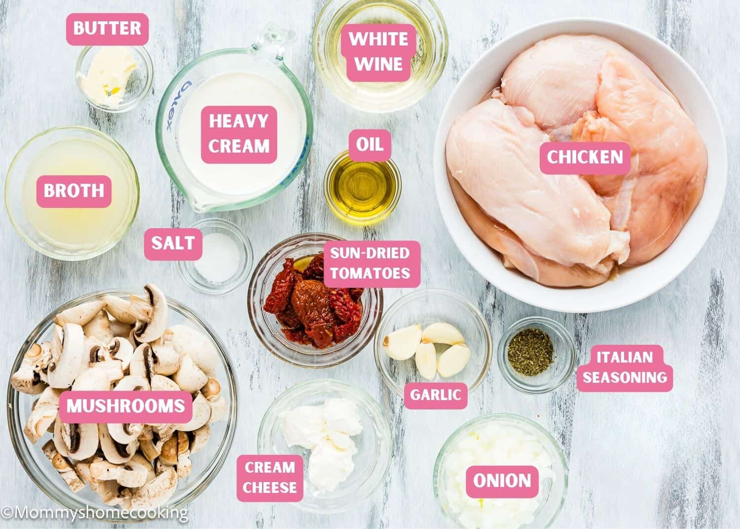 Ingredients needed to make One Pan Creamy Chicken and Mushrooms with name tags.