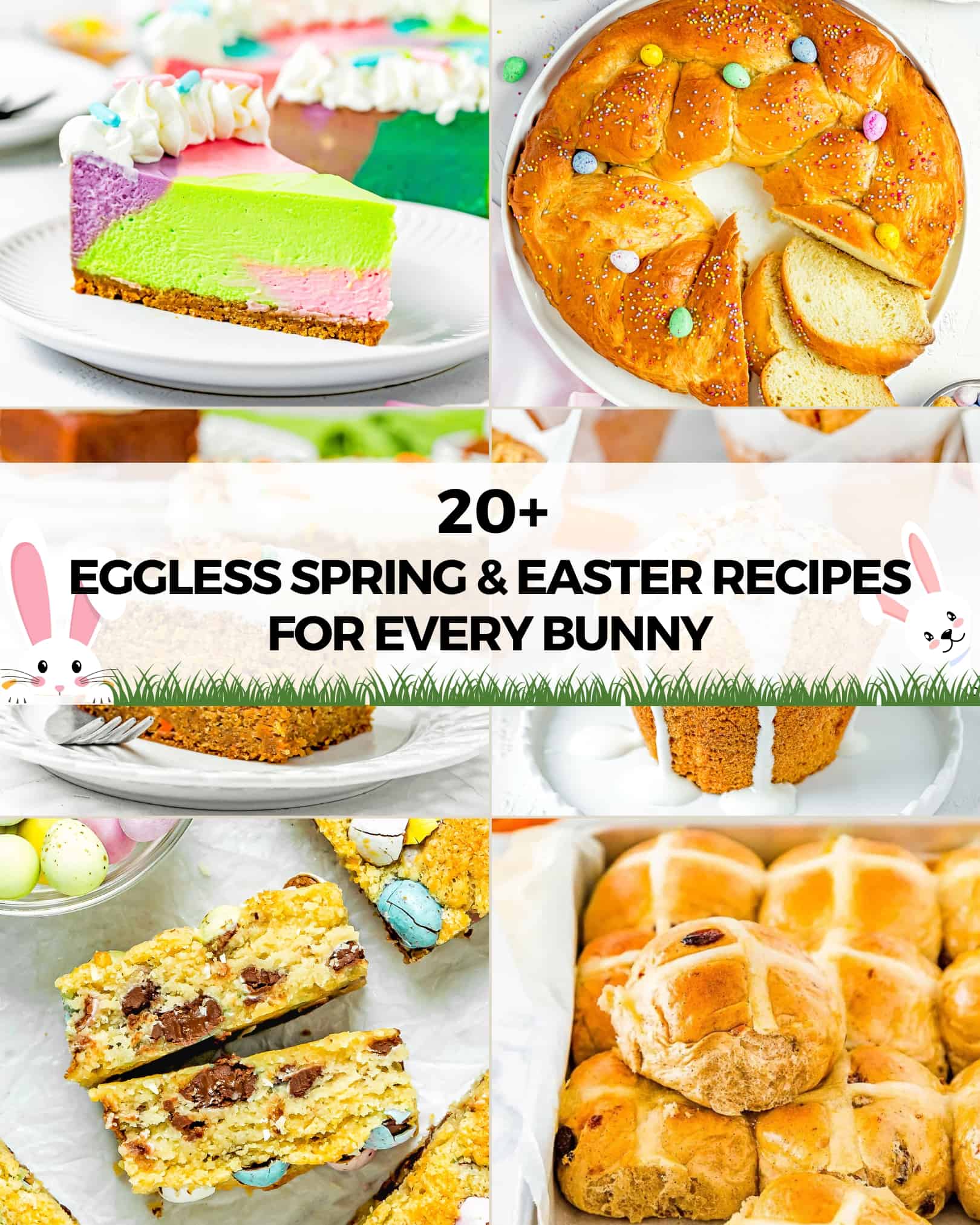 collage of egg-free spring and easter recipes with text overlay. 