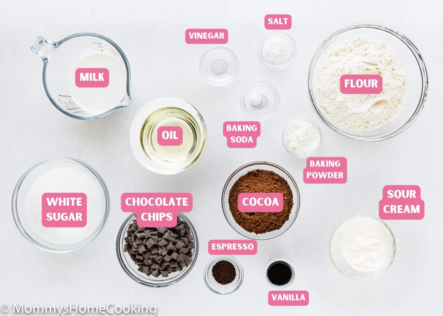 Ingredients needed to make Bakery-Style Vegan Double Chocolate Muffins with name tags.
