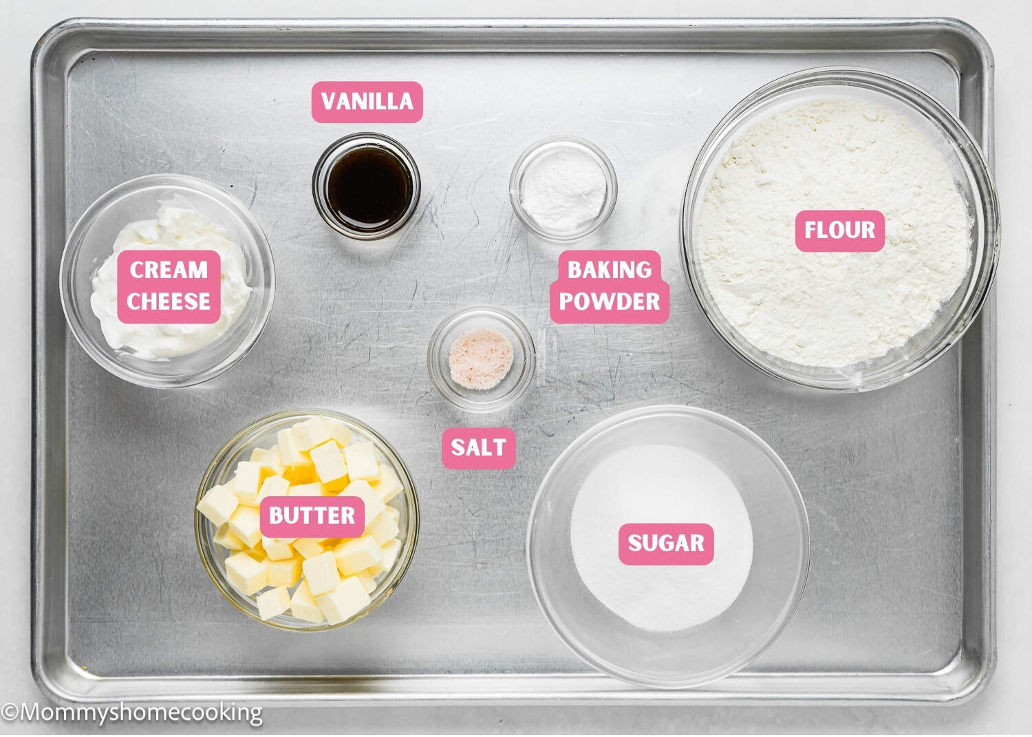 Ingredients needed to make Eggless Sugar Cookie bars with name tags.