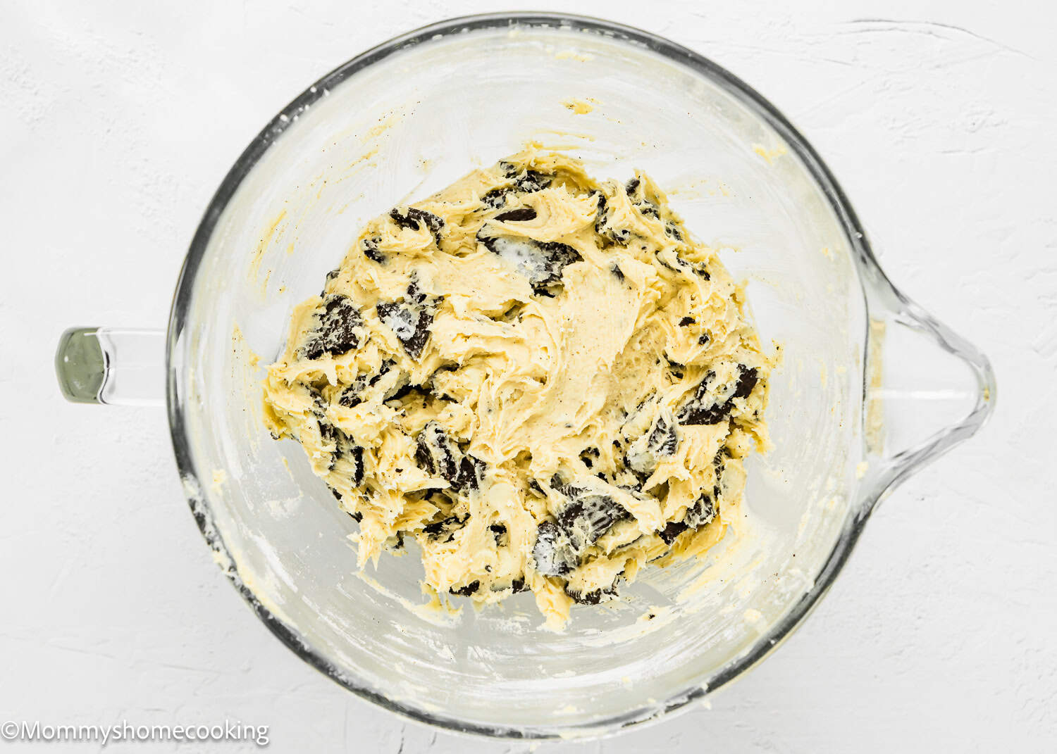 eggless Easy Oreo Blondies batter in a stand mixer bowl.