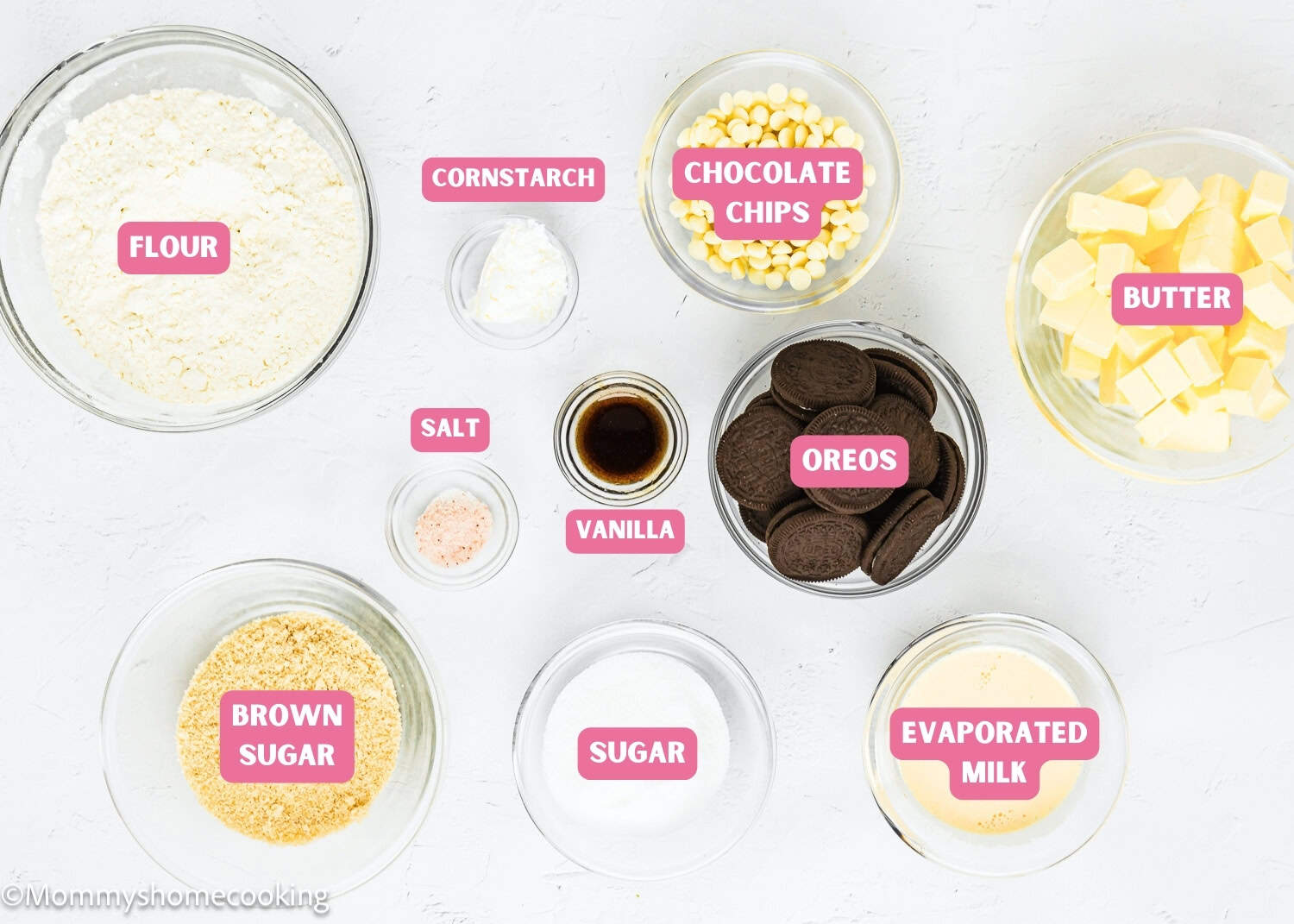 Ingredients needed to make Easy Oreo Blondies (Egg-Free) with name tags.