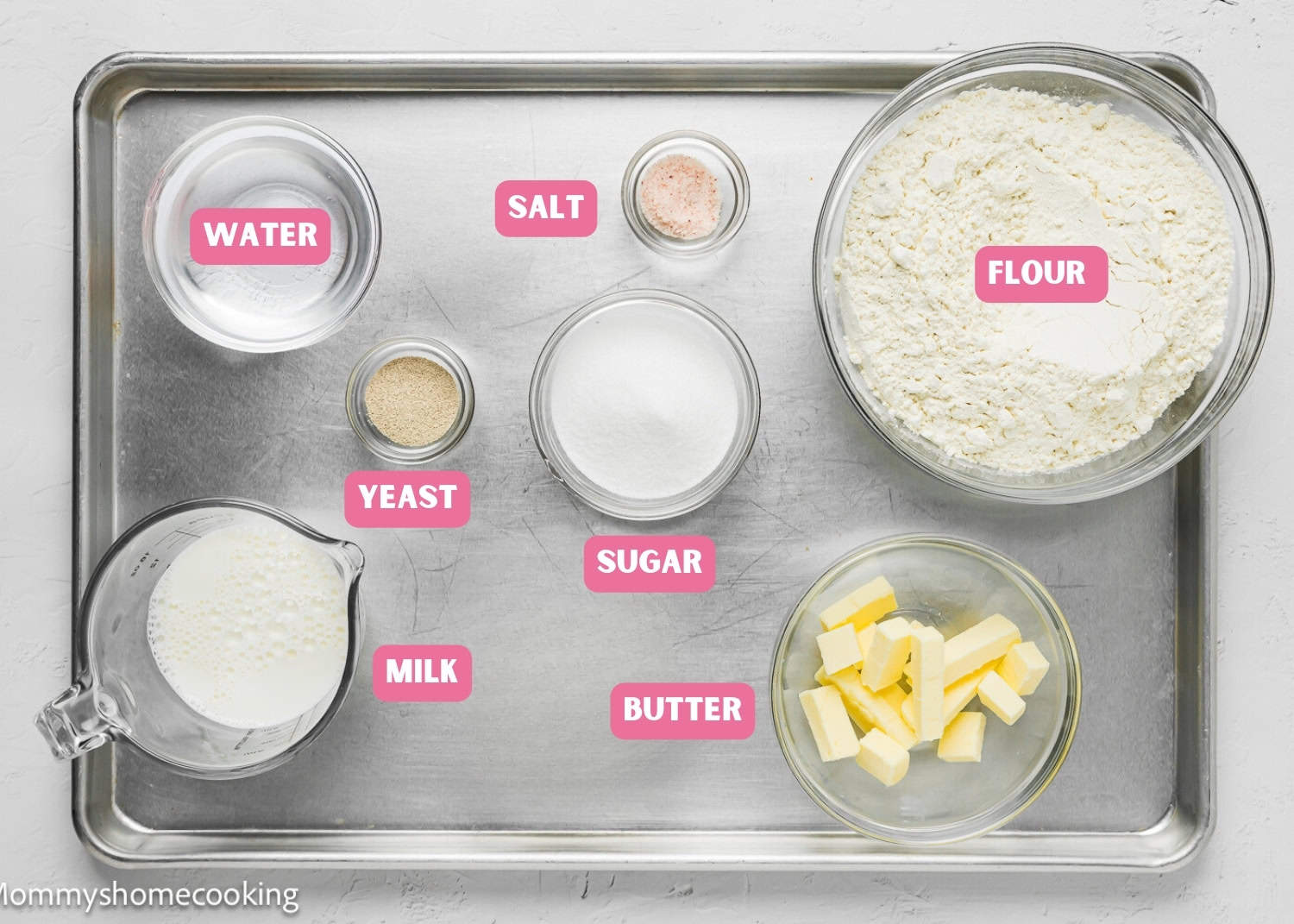 Ingredients needed to make Homemade Eggless Crescents Roll with name tags.