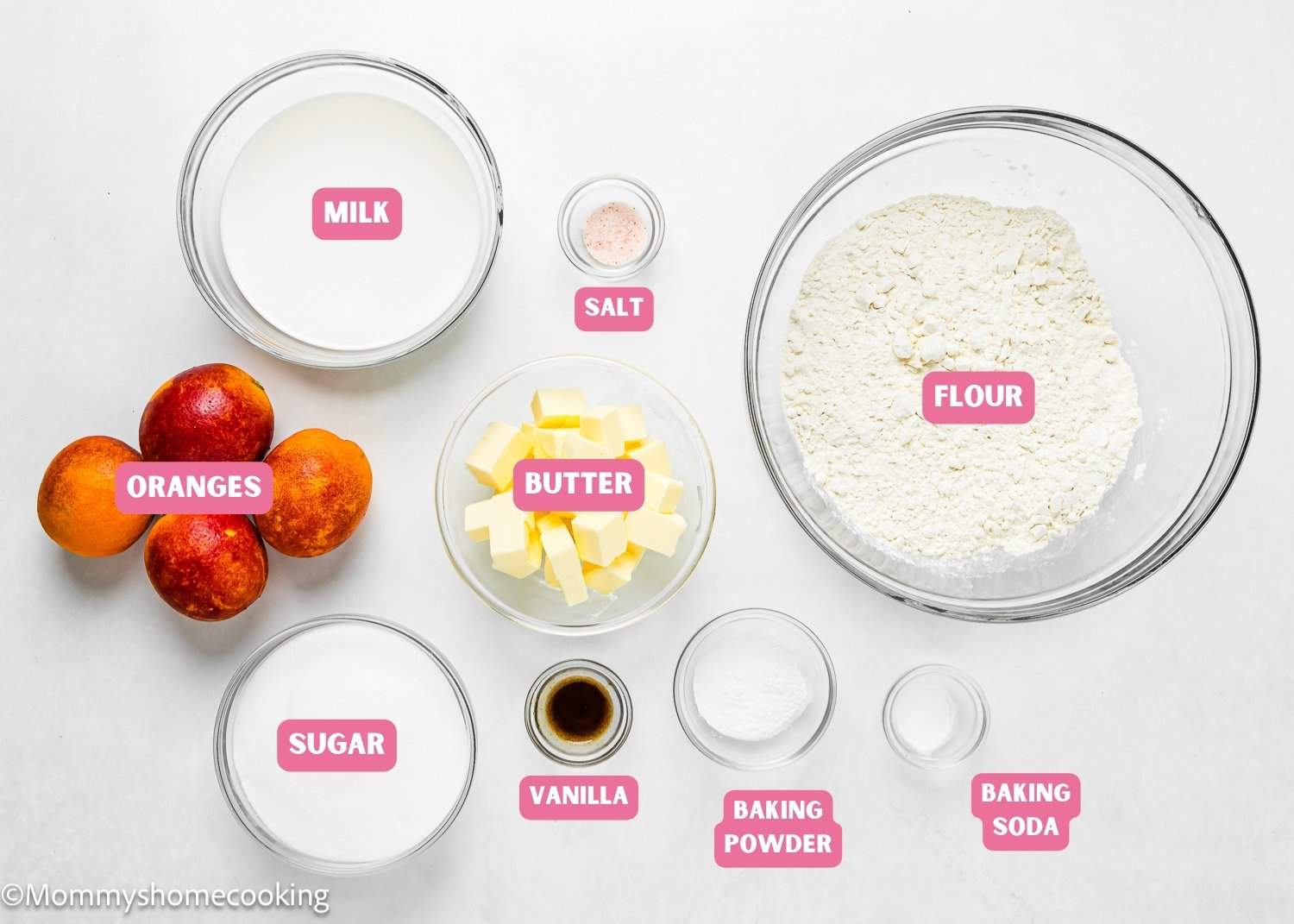 Ingredients needed to make Simple Orange Bundt Cake (Egg-Free) with name tags.