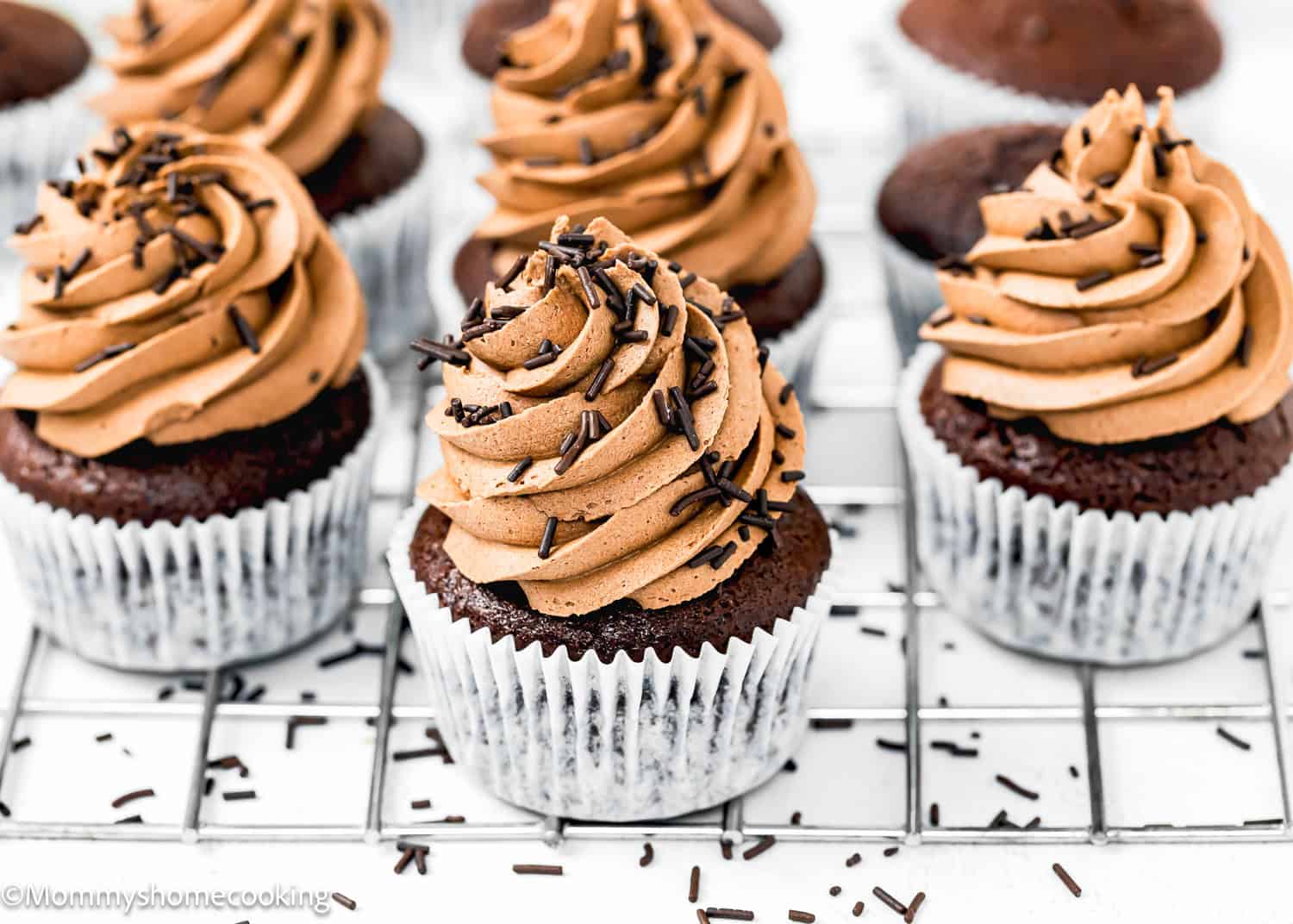 eggless and dairy-free Chocolate Cupcakes with chocolates frosting and chocolate sprinkles.