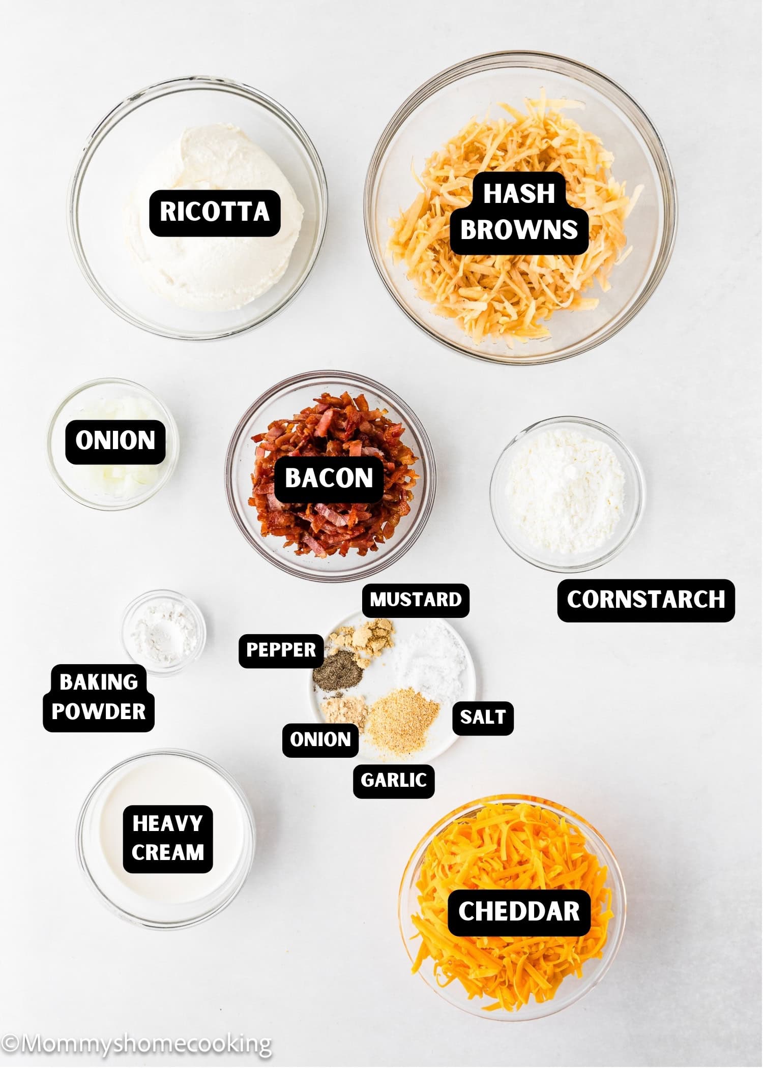 Ingredients needed to make Breakfast Egg Muffins Without Eggs (Quick & Easy) with name tags.