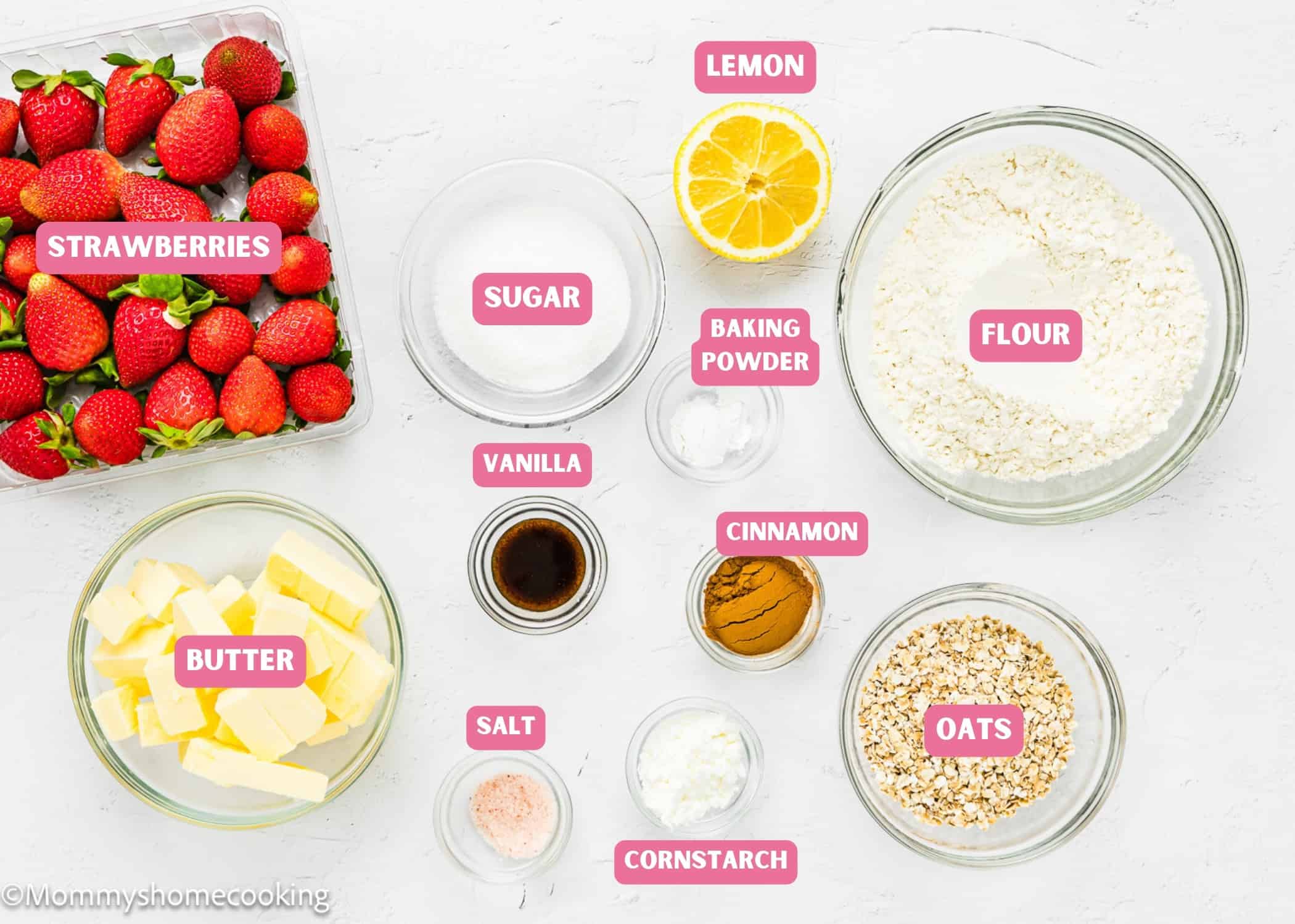 Ingredients needed to make Eggless Easy Strawberry Bars with name tags.
