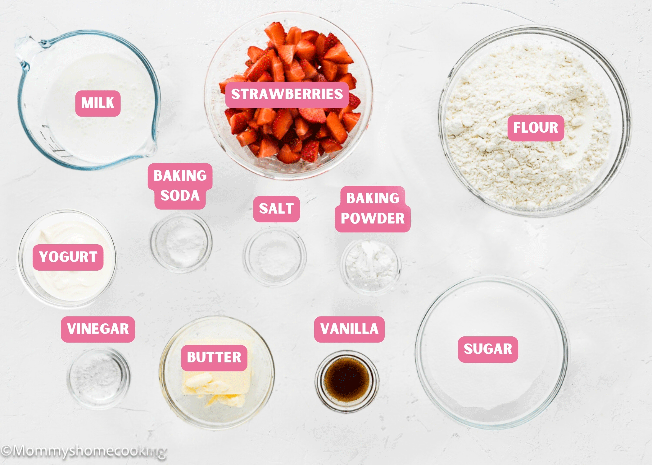Ingredients needed to make Eggless Strawberry Shortcake Cake with name tags.