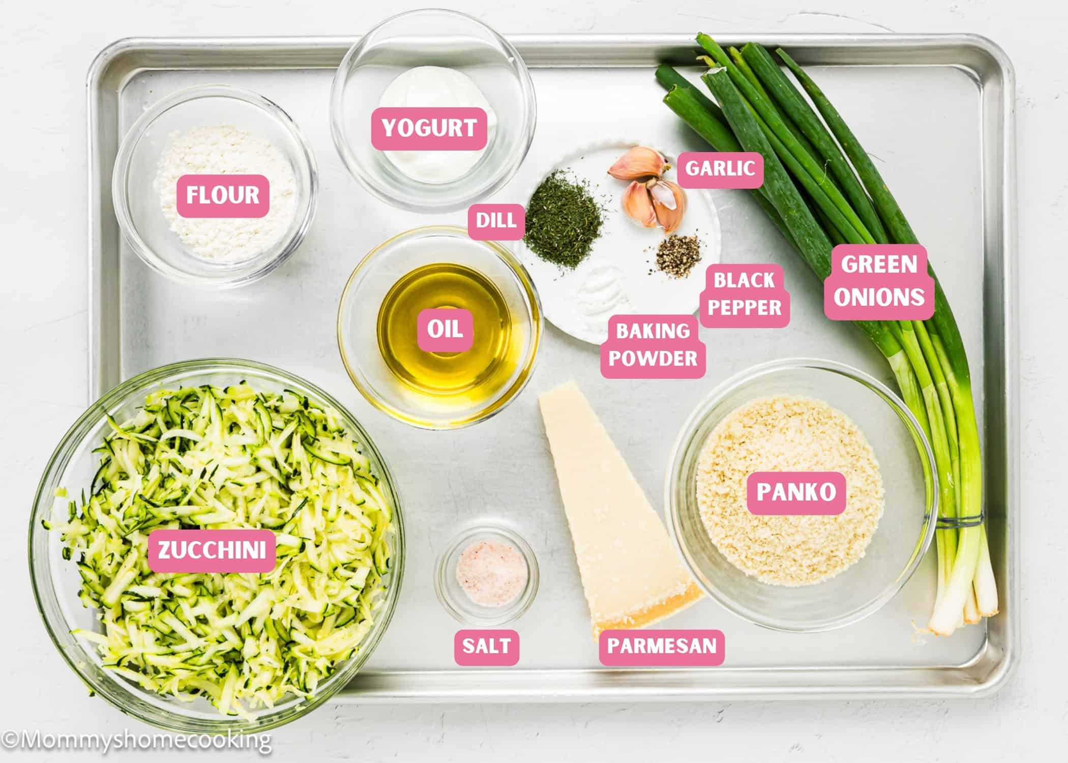 Ingredients needed to make Eggless Zucchini Fritters with name tags.