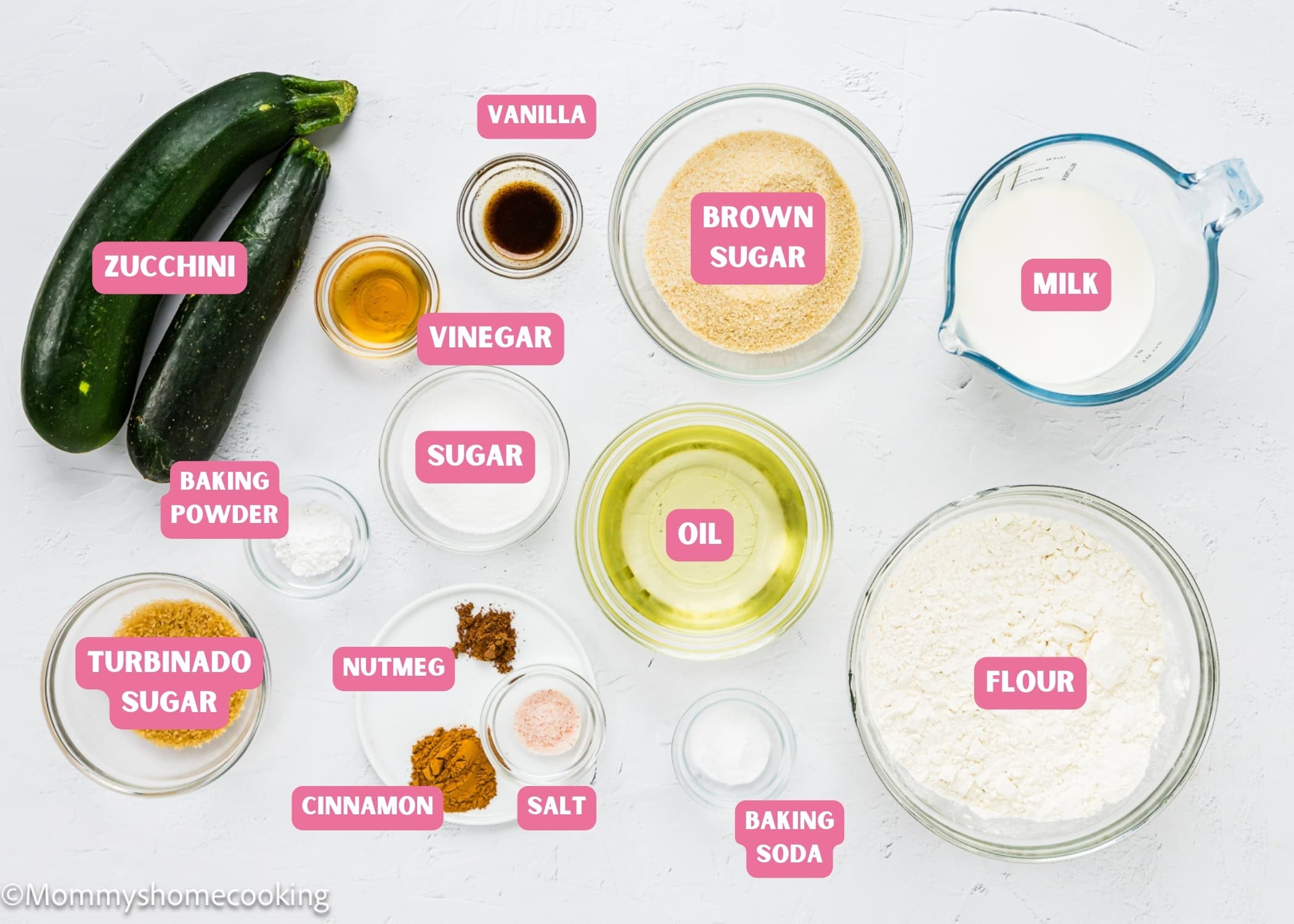 ingredients needed to make Simple Vegan Zucchini Muffins with name tags.