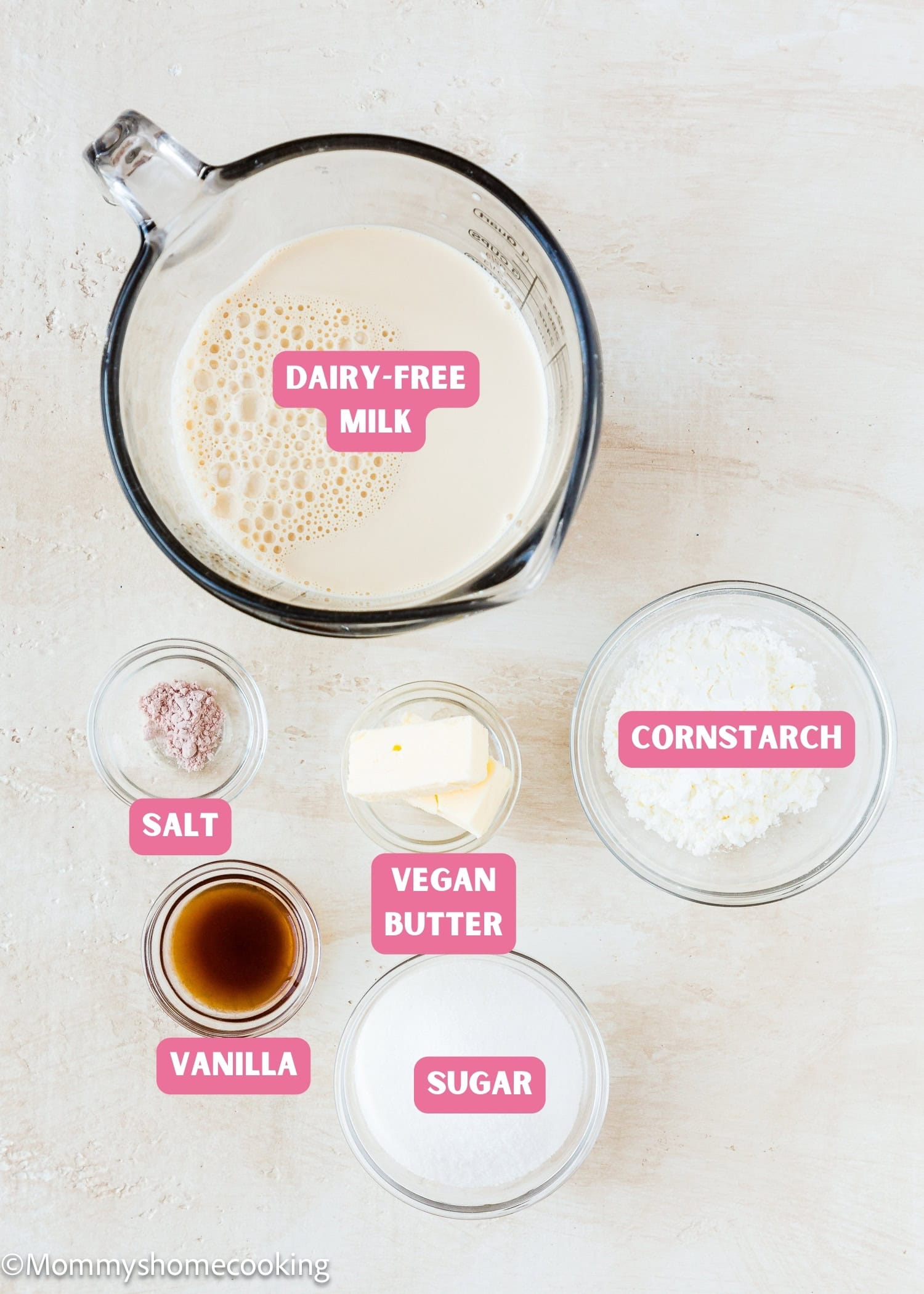 Ingredients needed to make dairy-free egg-free Vegan Pastry Cream with name tags.