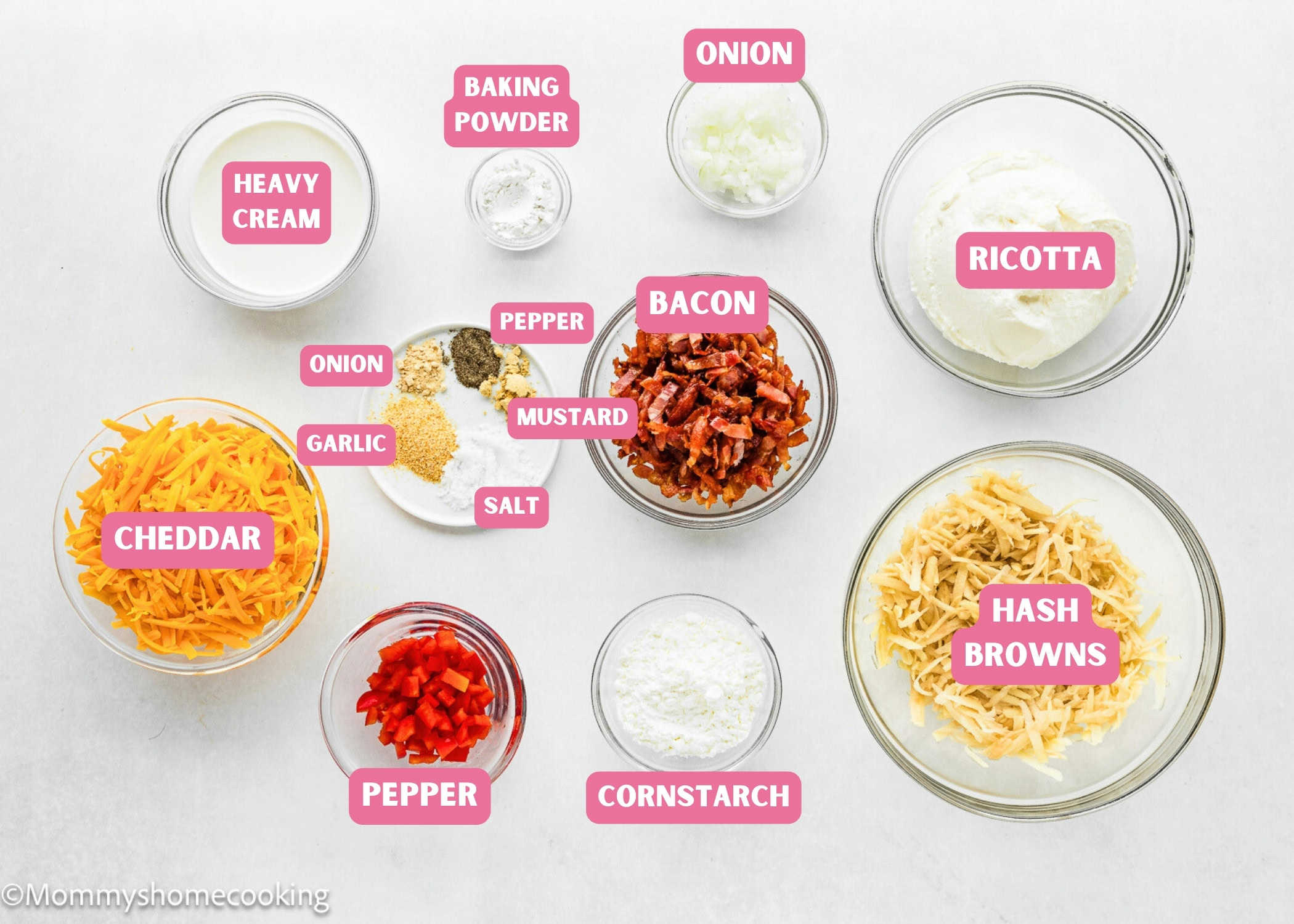 Ingredients needed to make Breakfast Casserole Without Eggs with name tags.