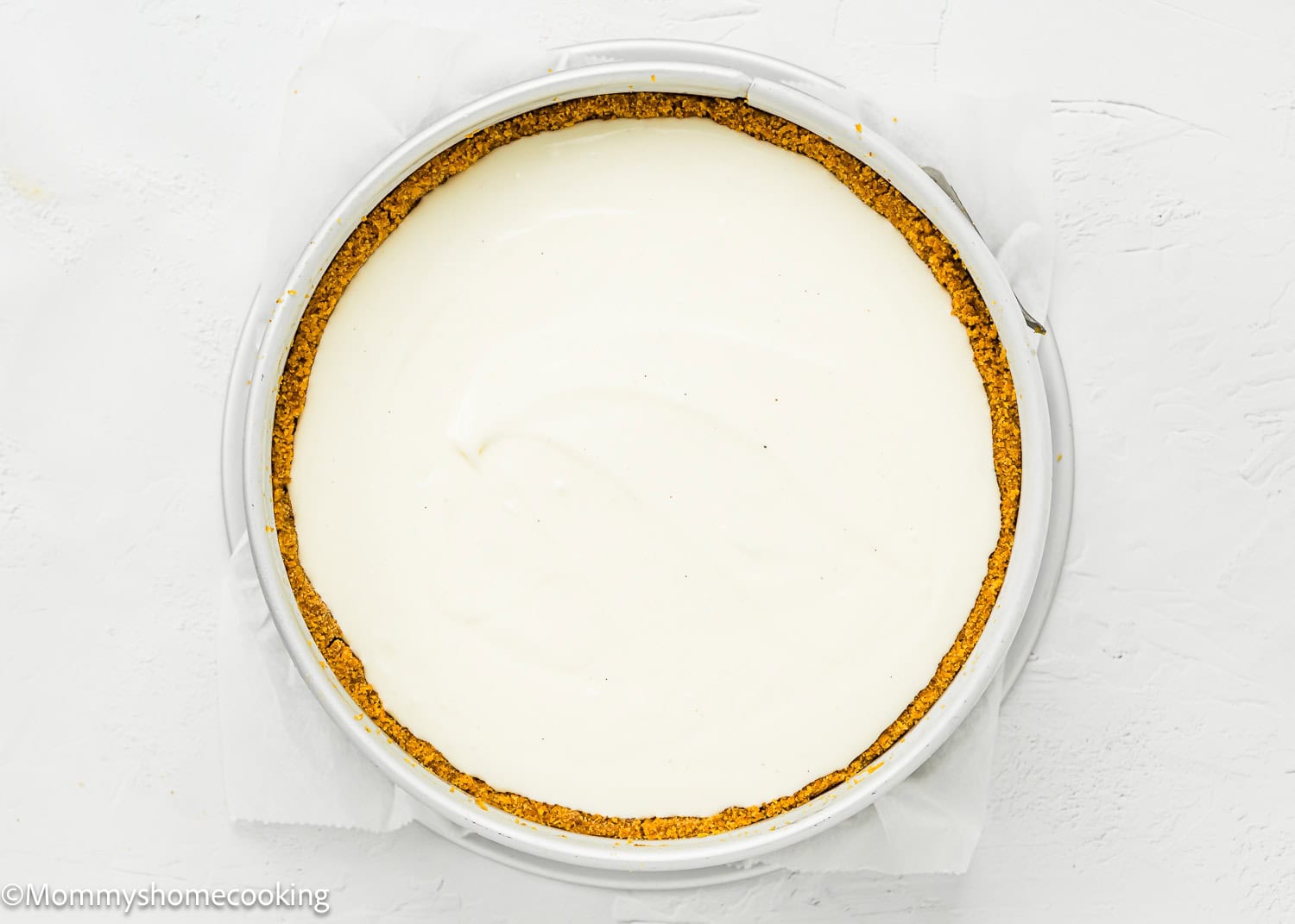 overhead view of a whole Easy No Bake Cheesecake in a springform pan.