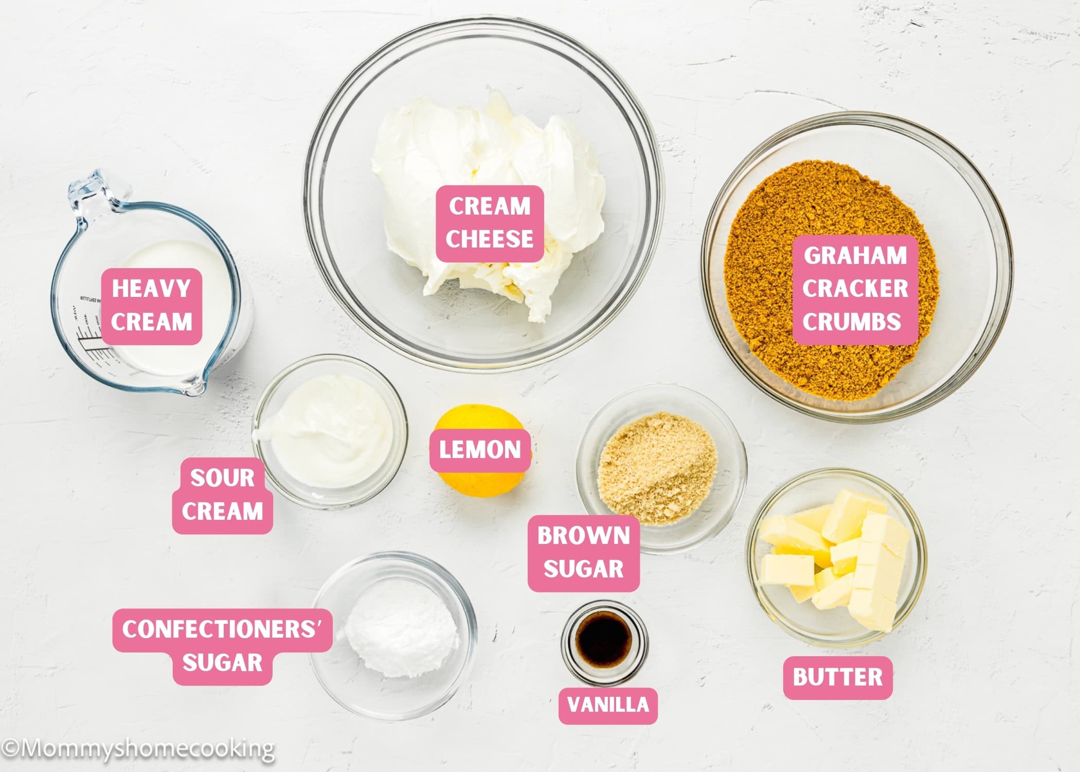 Ingredients needed to make Easy No Bake Cheesecake with name tags.