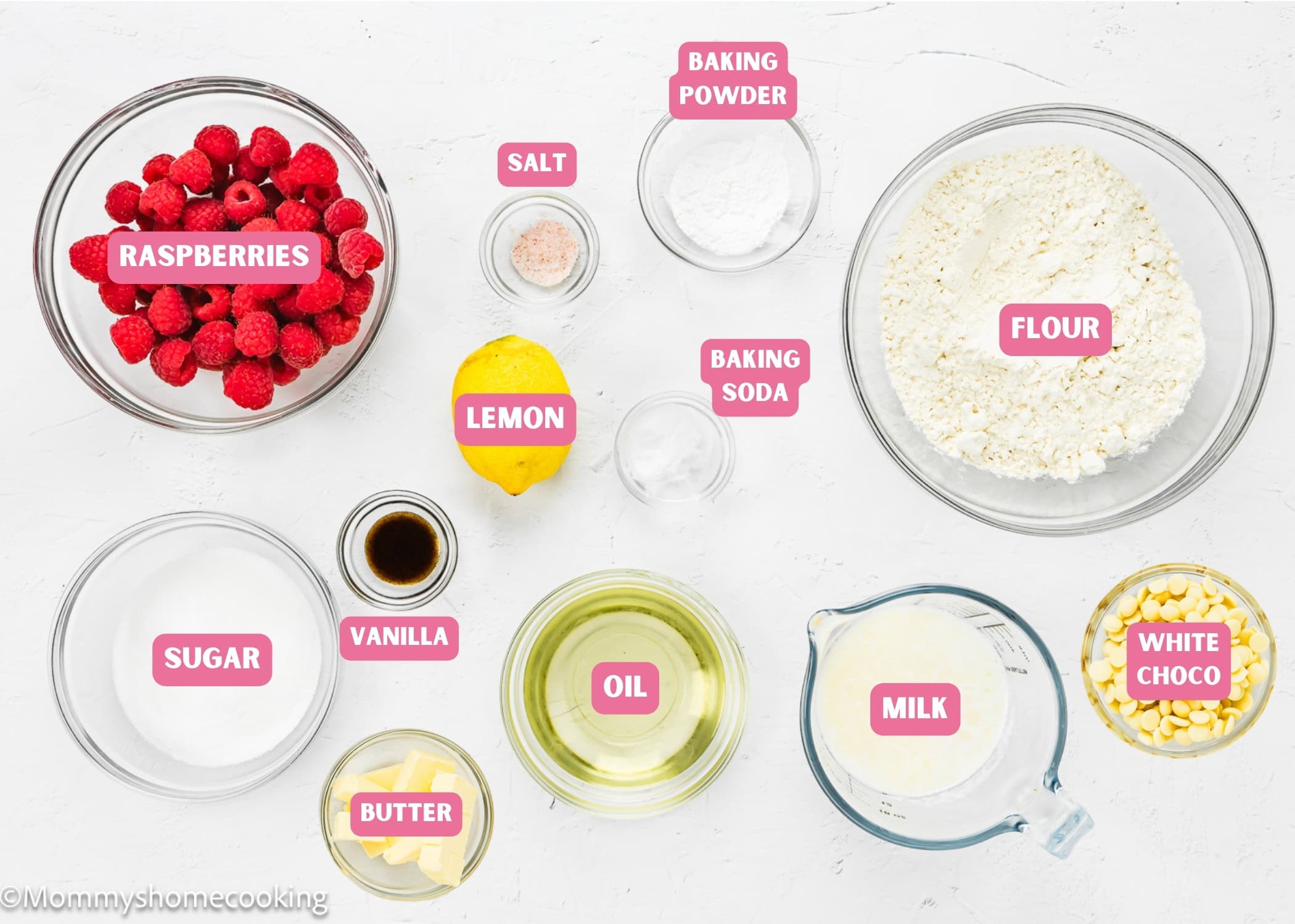 Ingredients needed to make vegan raspberry muffins with name tags.