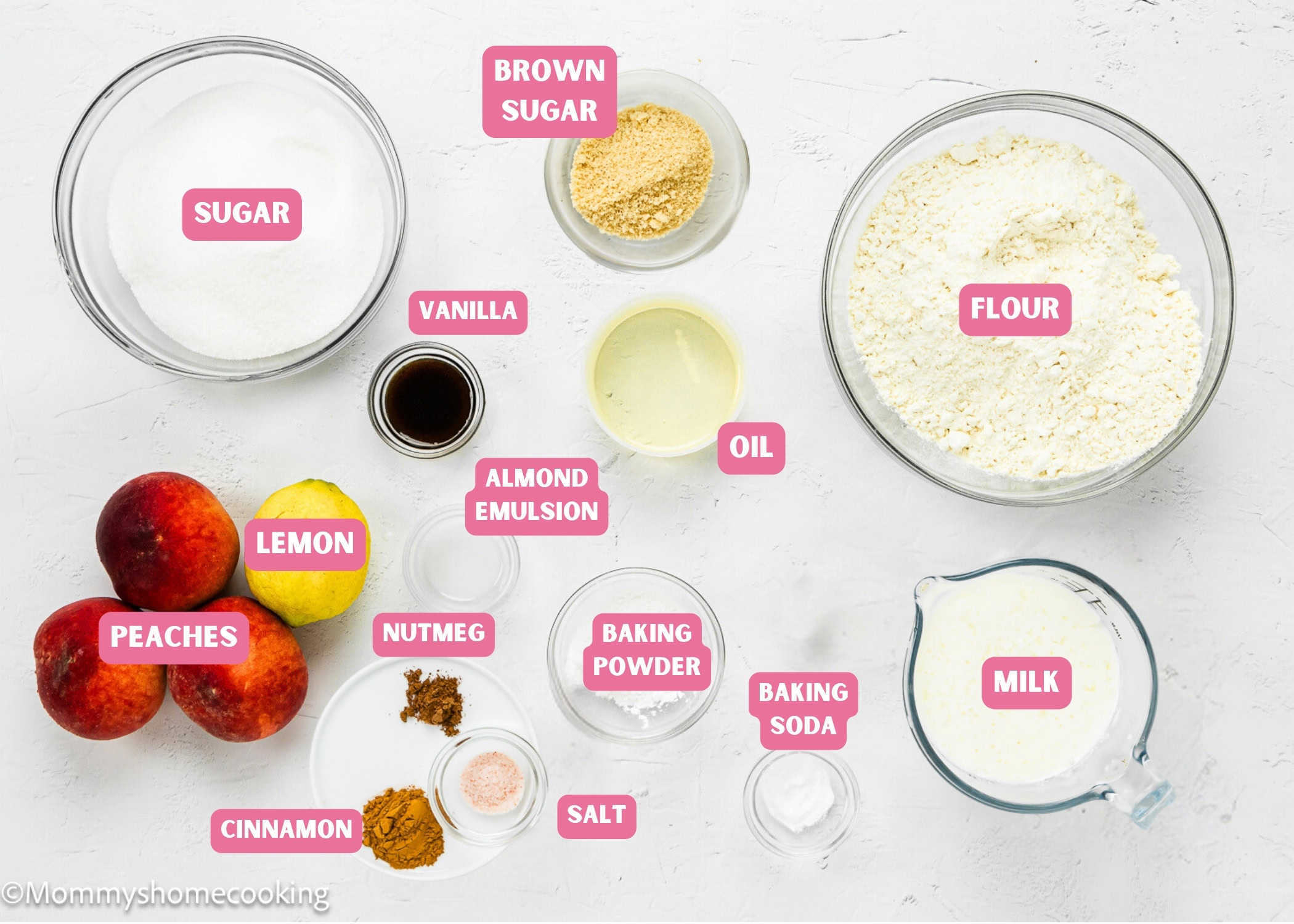 Ingredients needed to make Easy Peach Muffins with name tags.