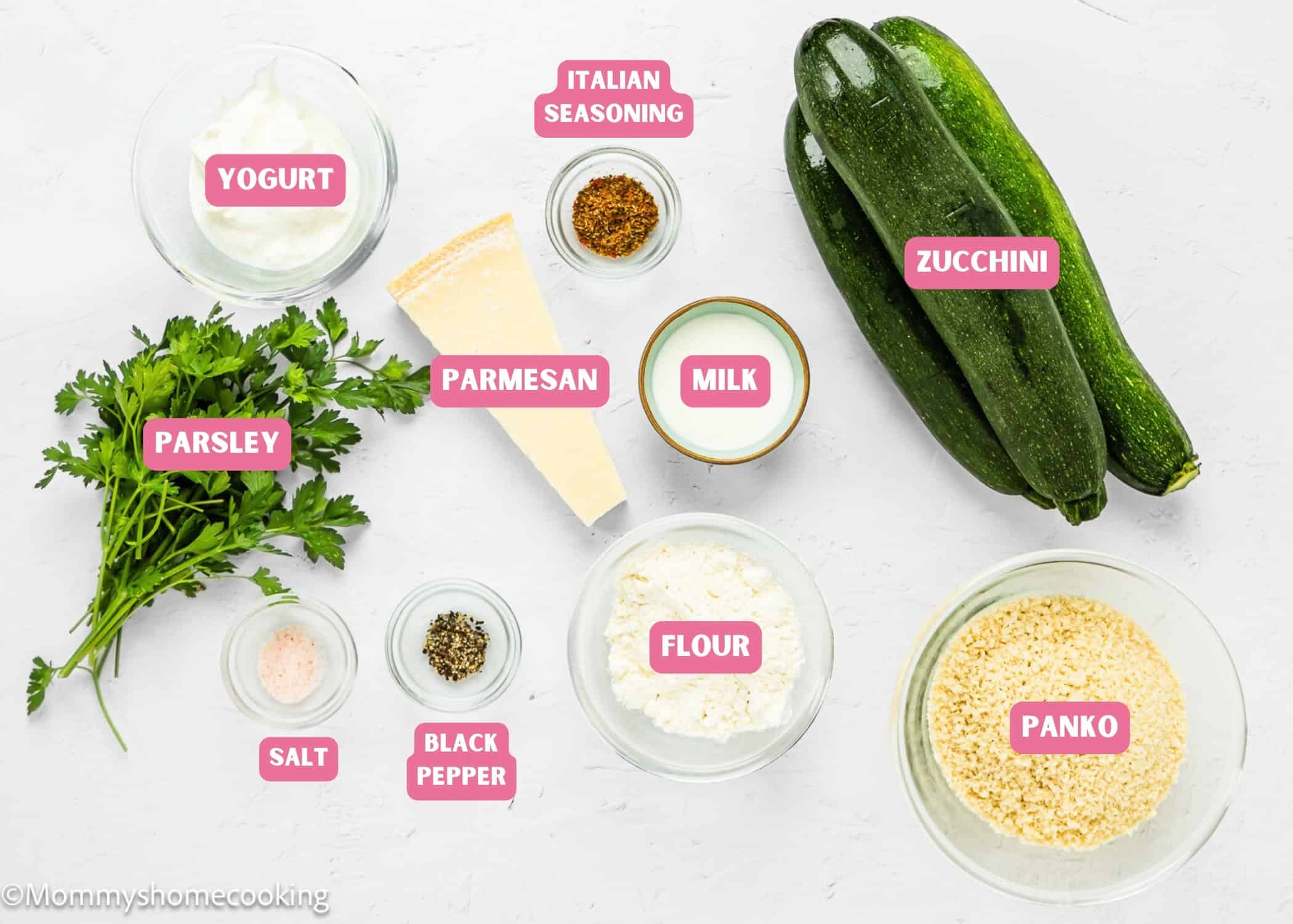 Ingredients needed to make Eggless Zucchini Fries with name tags.