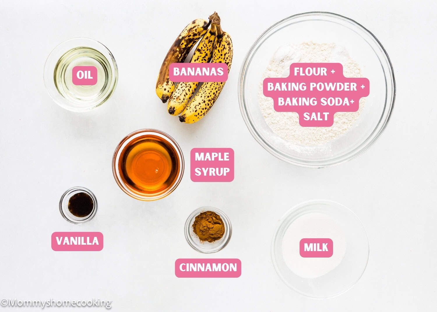 Ingredients needed to make Healthy Easy Banana Muffins with name tags.