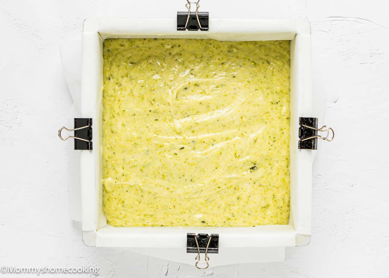 unbaked Egg-Free Easy Pistachio Cake in a cake pan.