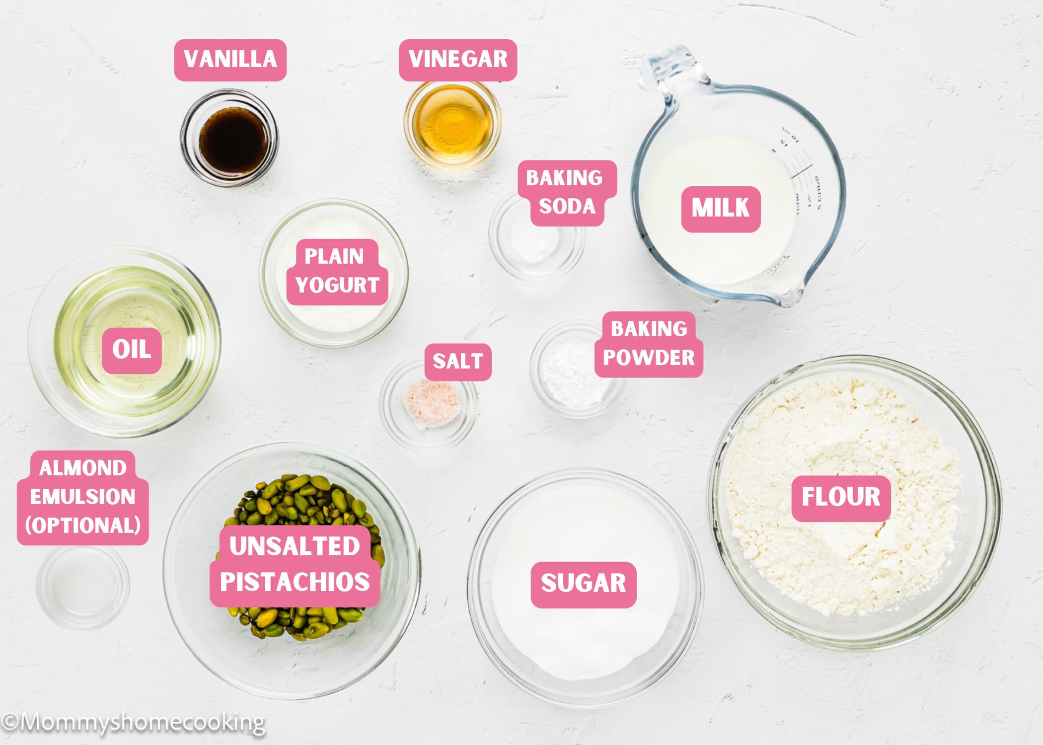 Ingredients needed to make egg-free easy Pistachio Cake with name tags.