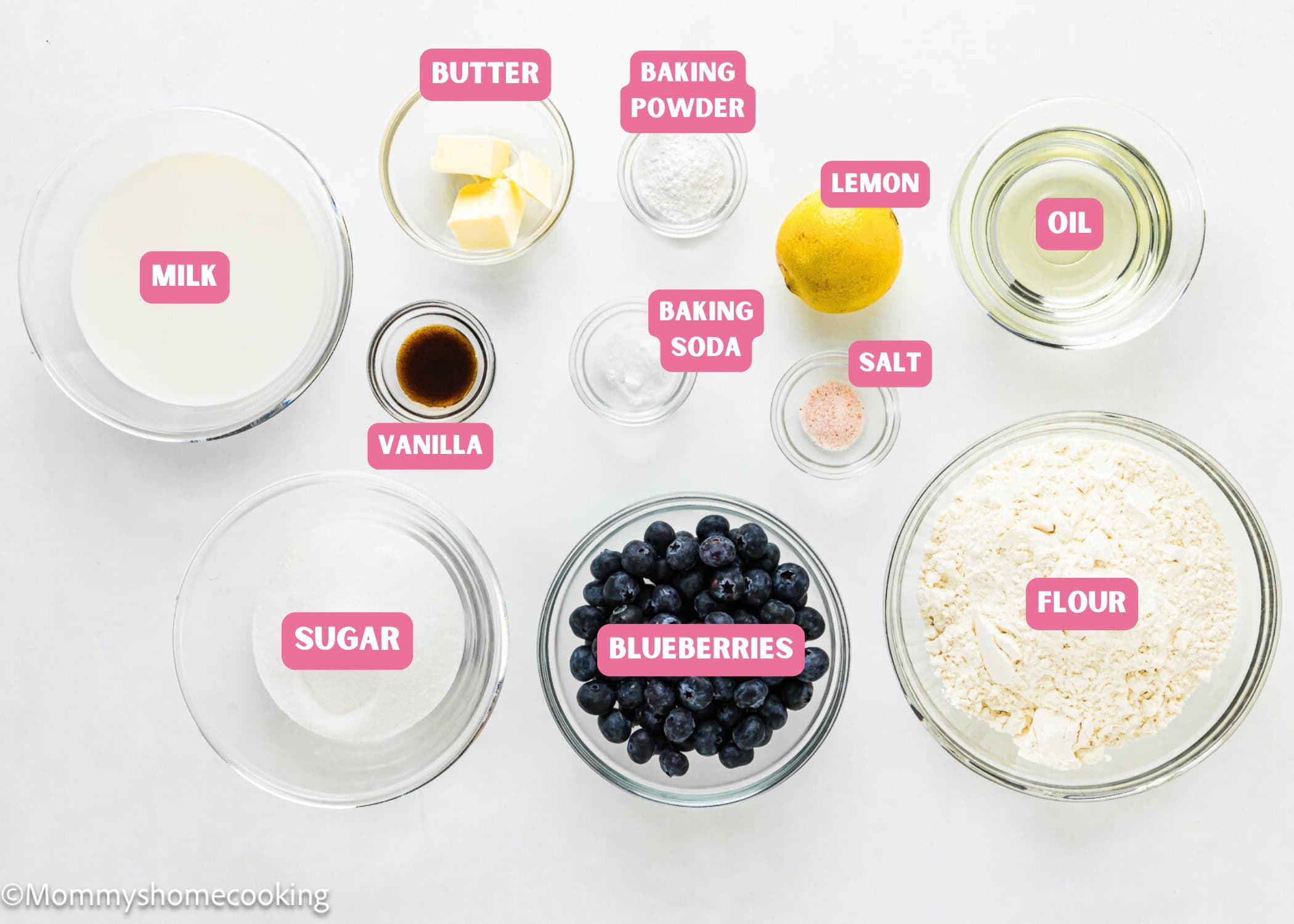 Ingredients needed to make a Vegan Blueberry Muffins with name tags.