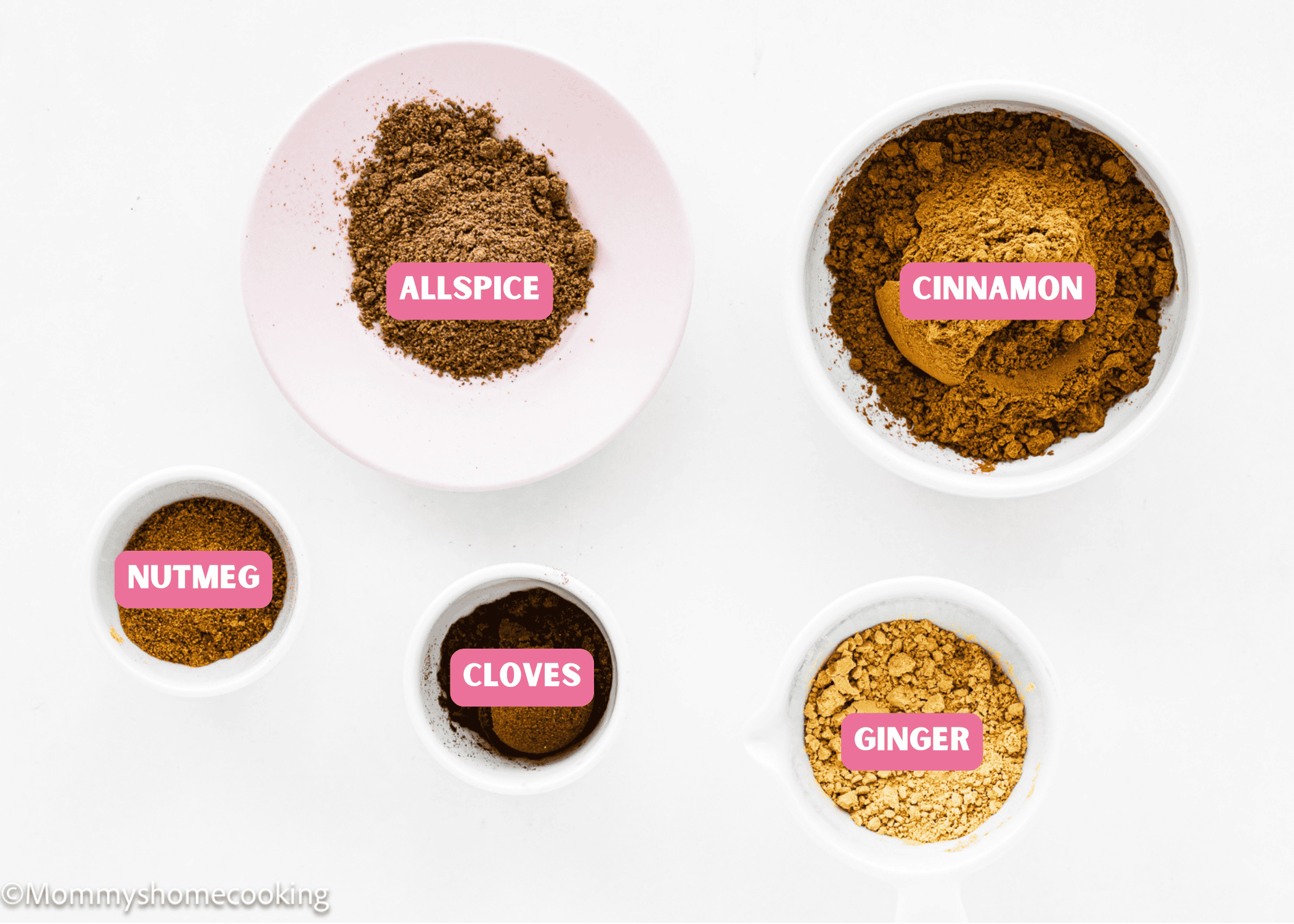 Five bowls of spices labeled: allspice, cinnamon, nutmeg, cloves, and ginger, perfectly arranged on a white surface. Together, these vibrant ingredients create the essence of a homemade Pumpkin Pie Spice Blend.