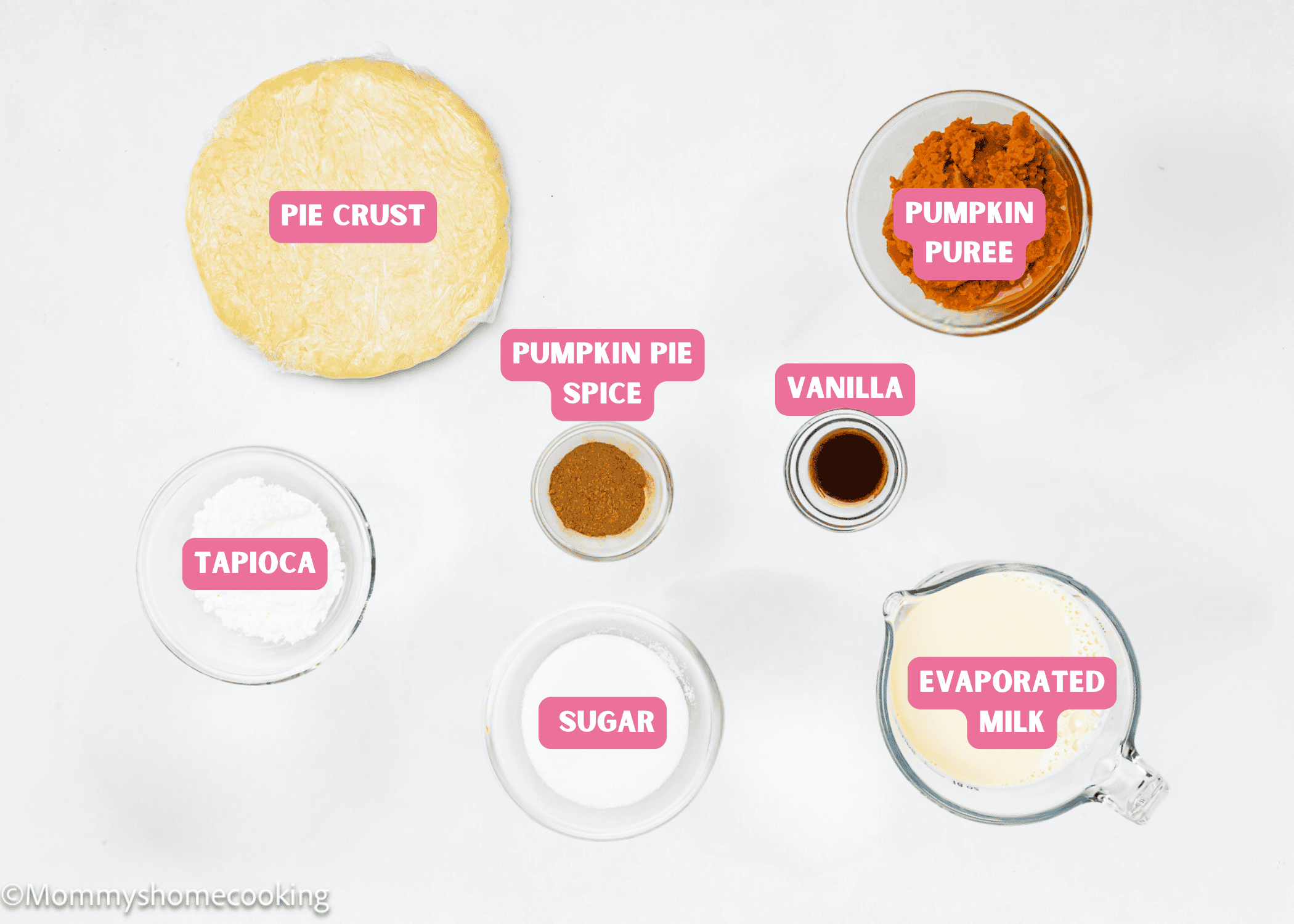 Ingredients needed to make egg-free mini pumpkin pies with tag names. 