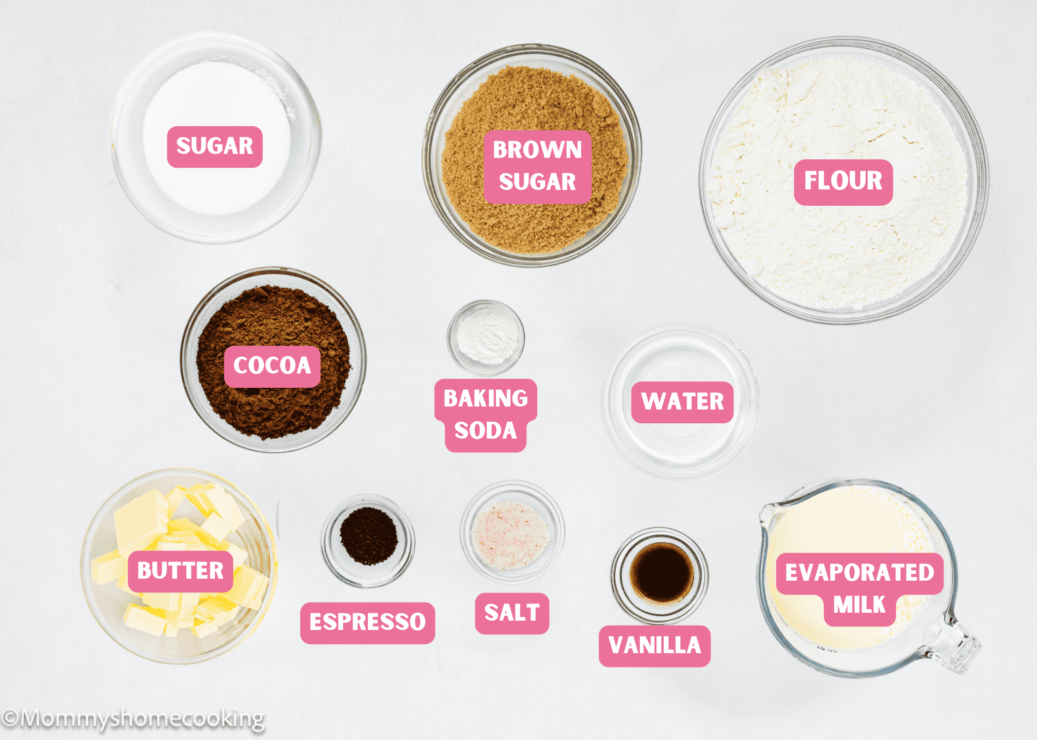 Ingredients needed to make Eggless Easy Brownie Pie ingredients with name tags.