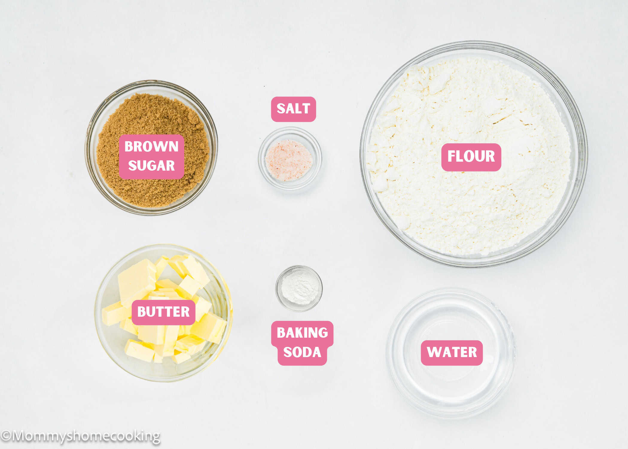 Image showing labeled ingredients for a No-Fuss Easy Press In Pie Crust: a bowl of brown sugar, small bowl of salt, bowl of flour, plate of butter slices, a bowl of baking powder, and a bowl of water.