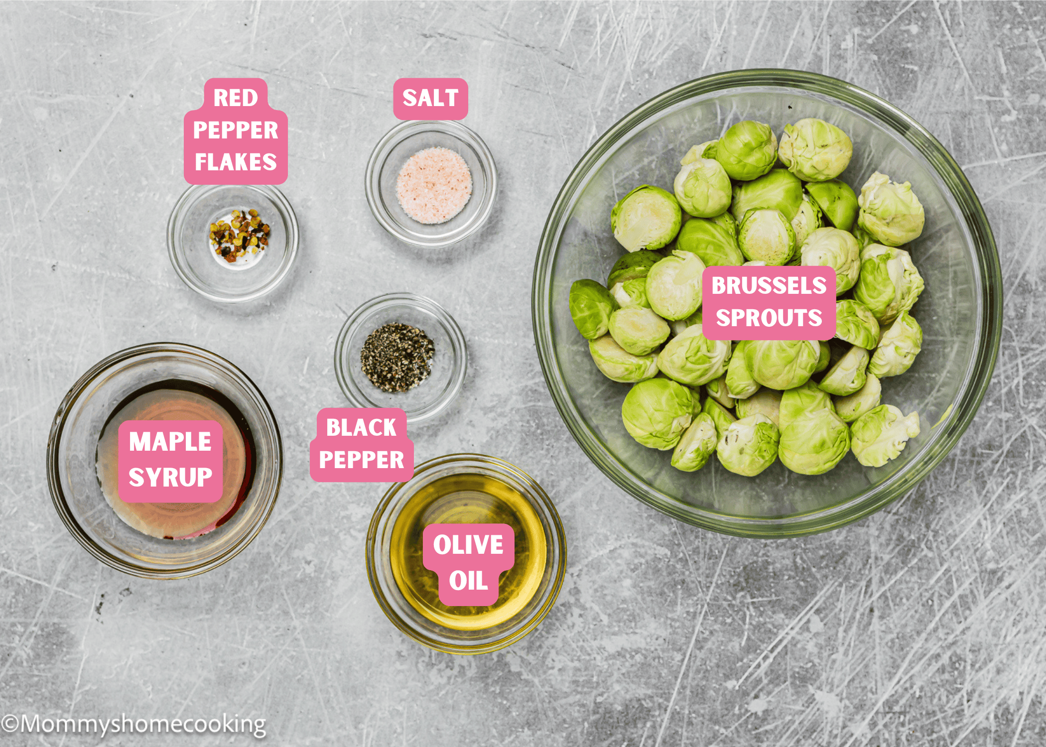 Ingredients needed to make Easy Maple Roasted Brussel Sprouts with name tags. 