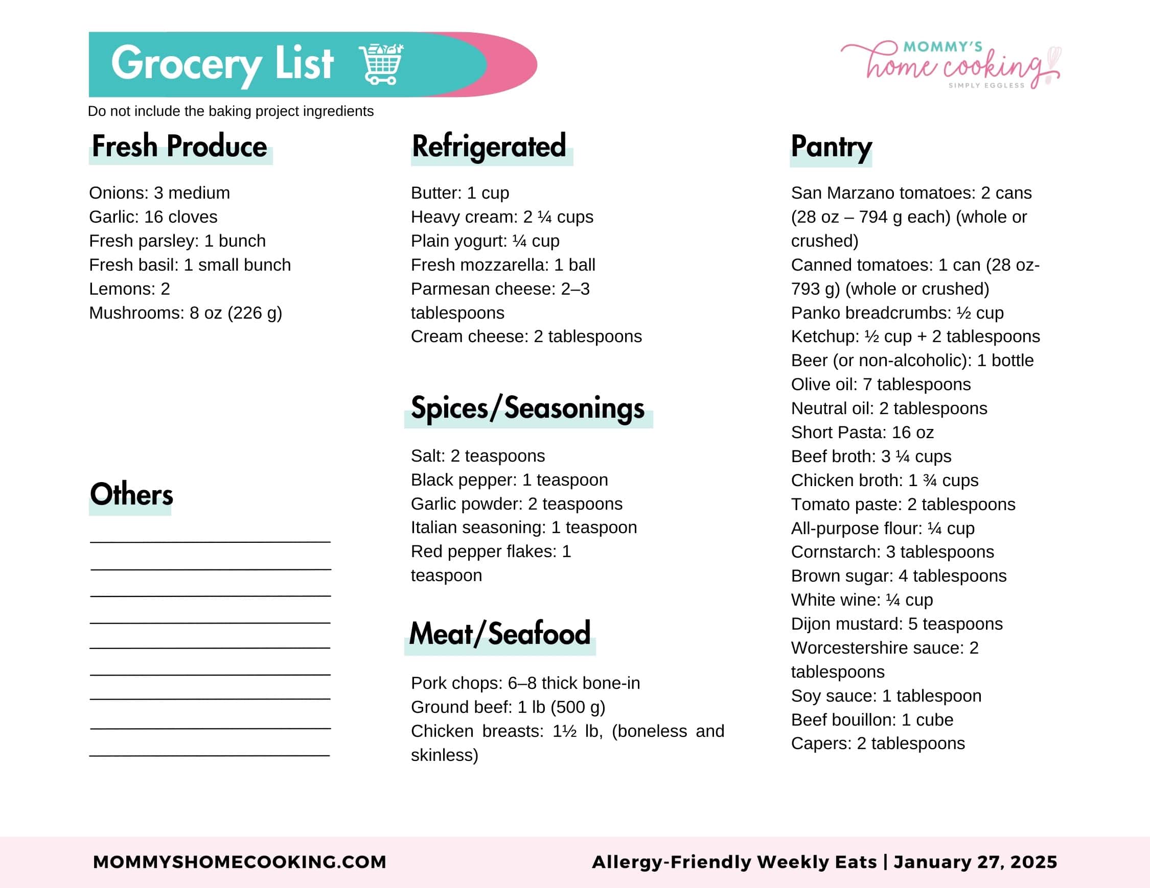 Allergy Friendly Weekly Eats Jan 27, 2025 shopping list.