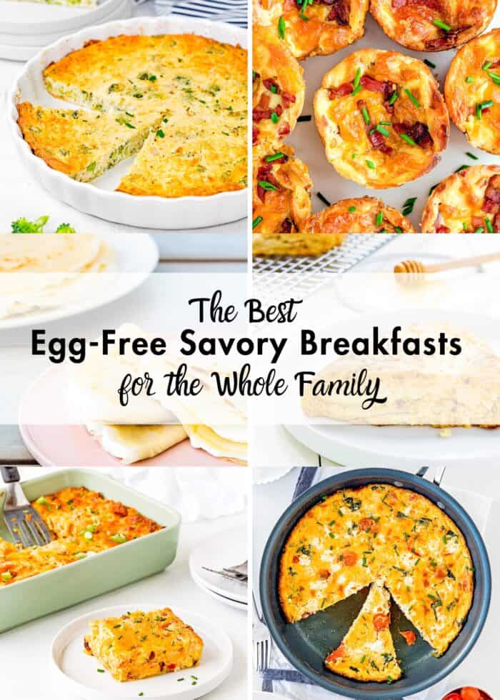 photo collage with egg-free savory breakfast recipes.