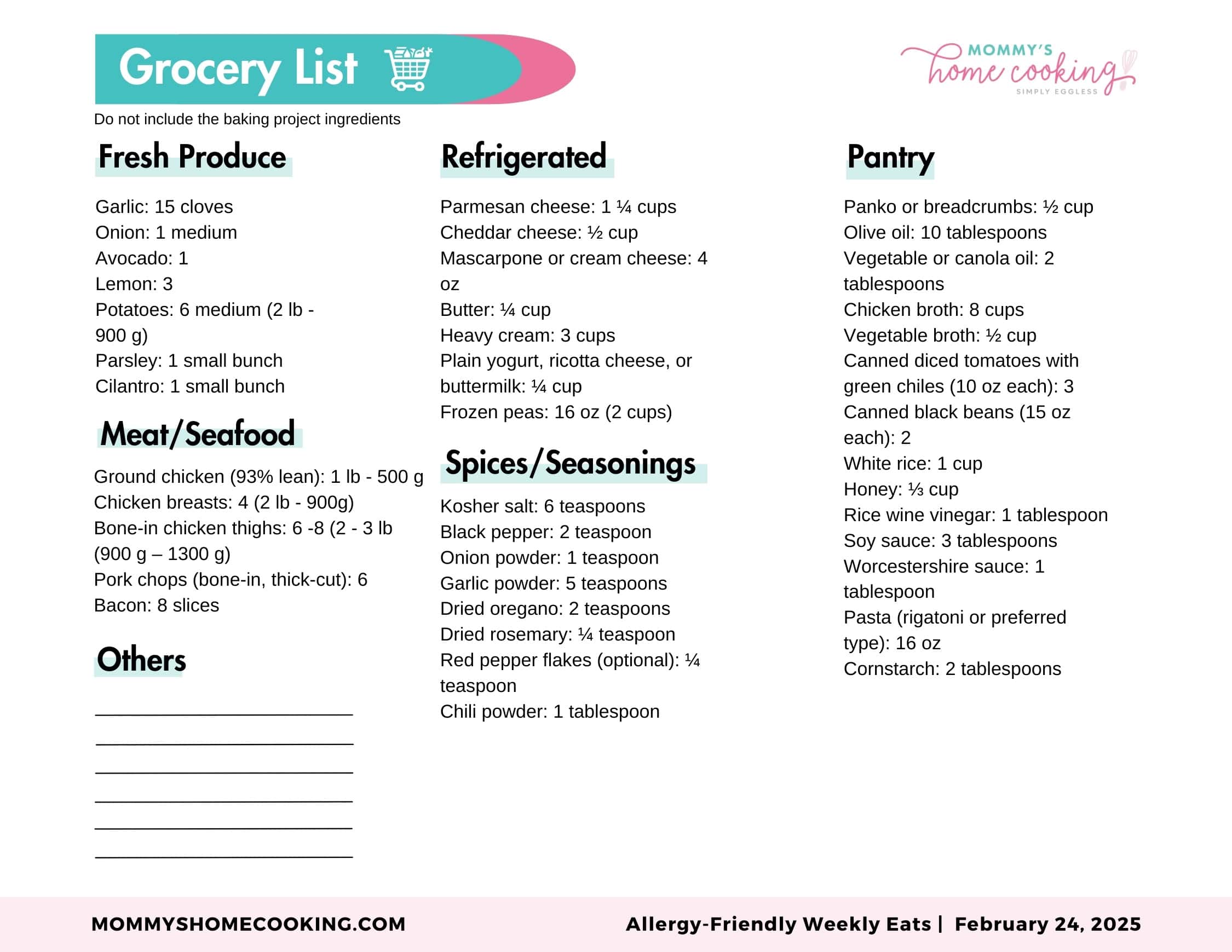 February 24th, 2025, a shopping list for the weekly newspaper that is easy on allergies.