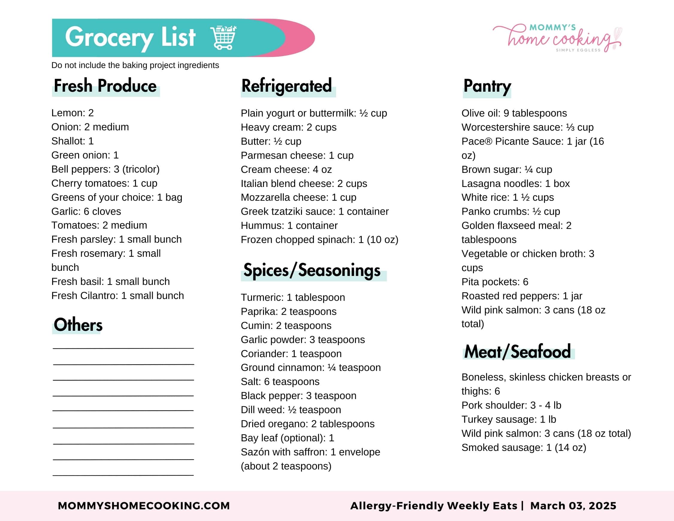 Allergy-Friendly Weekly Eats March 3, 2025 Shopping List.