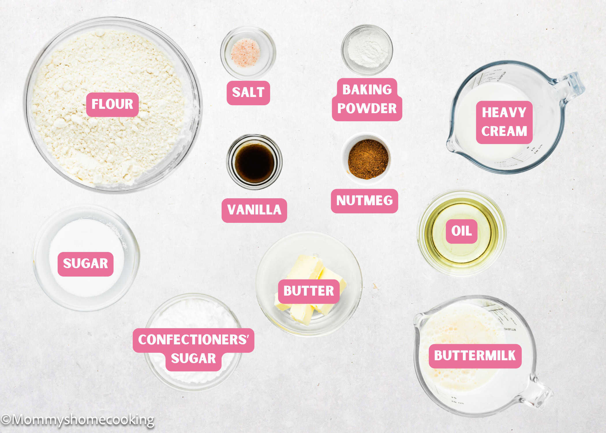 Best Eggless Cake Donuts (Quick & Easy) ingredients with name tags. 