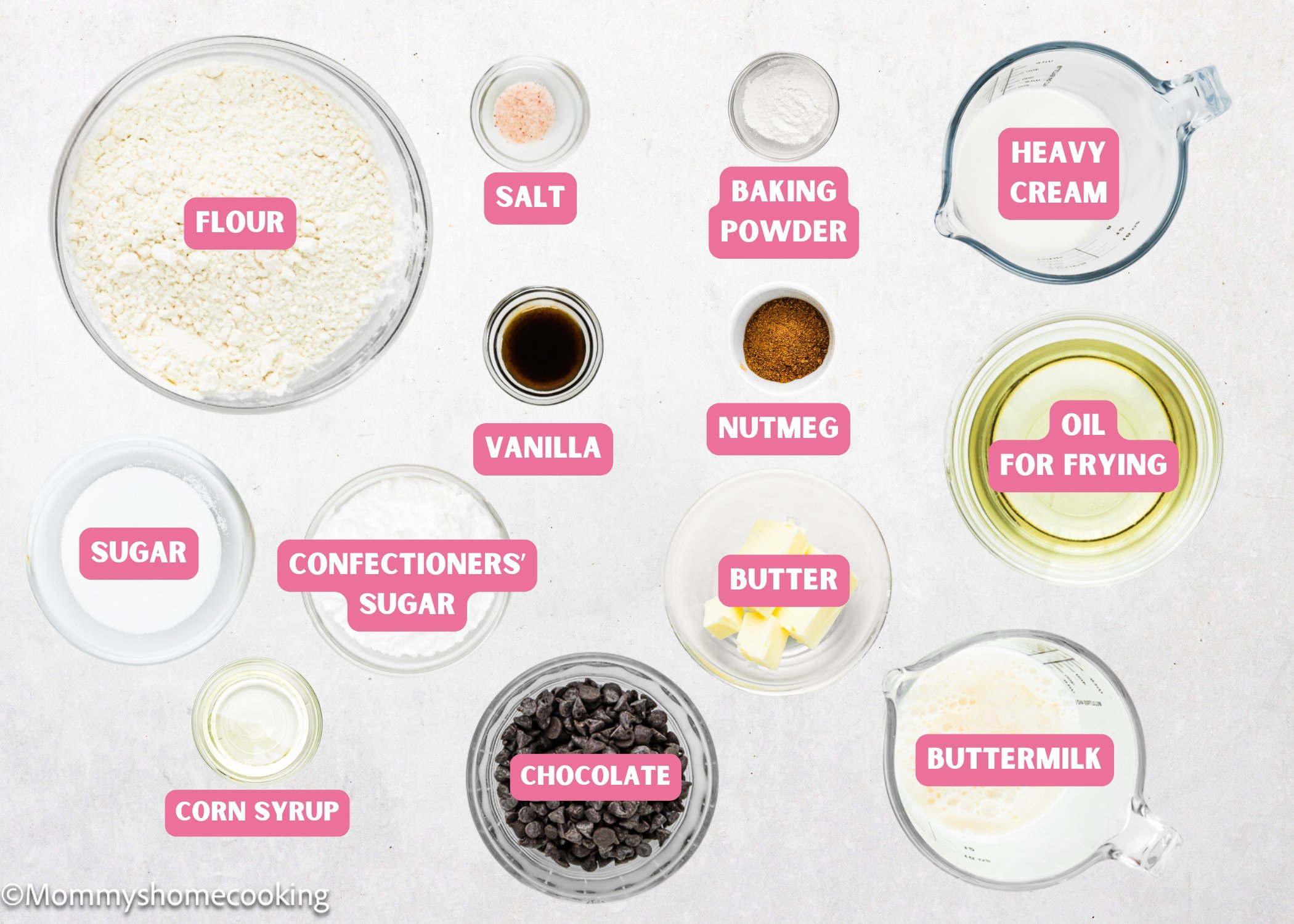 Ingredients needed to make Chocolate Frosted Cake Donuts (Egg-Free) with name tags. 