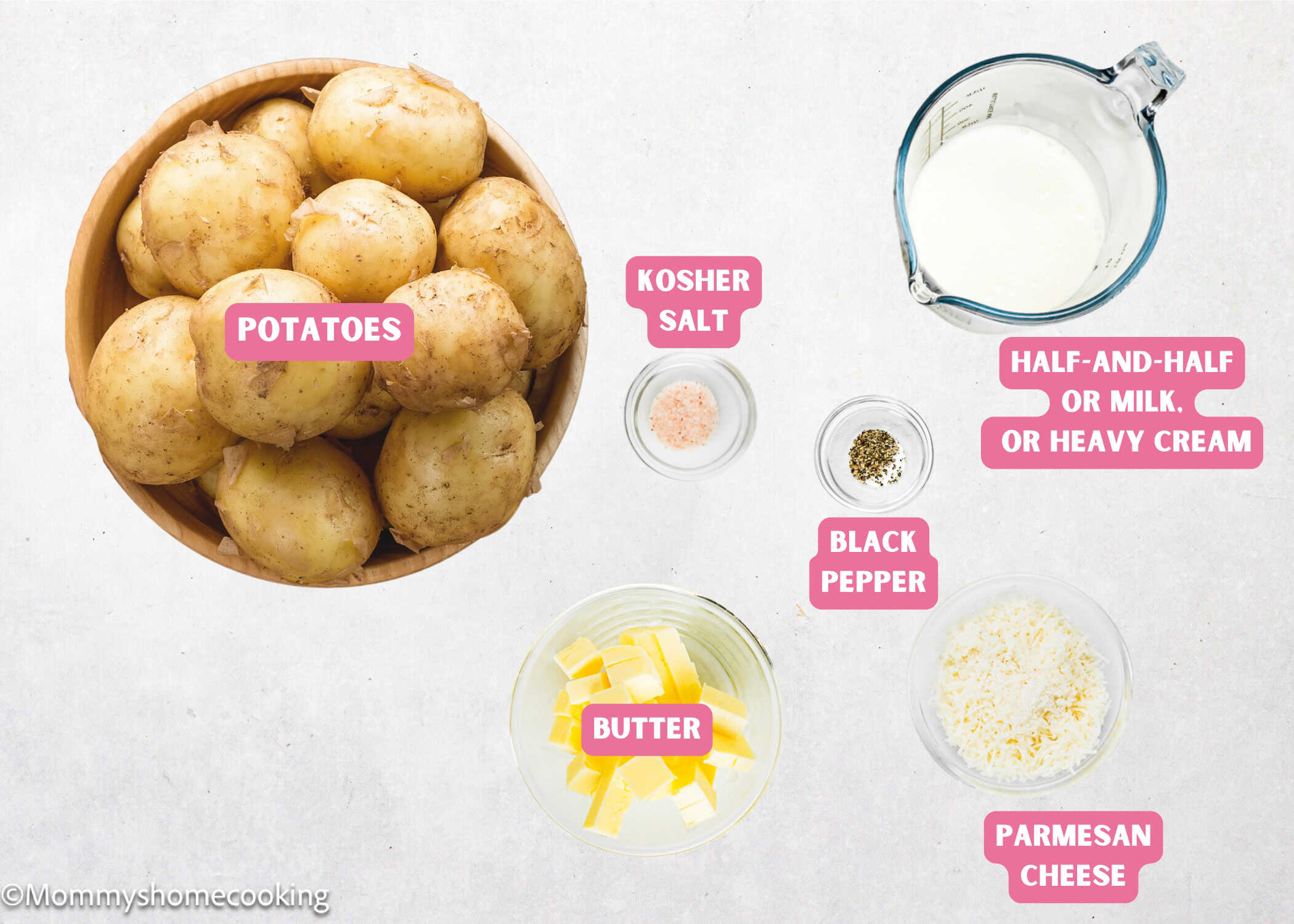 Easy Creamy Mashed Potatoes Recipe (Smooth – No Lumps) ingredients with name tags.