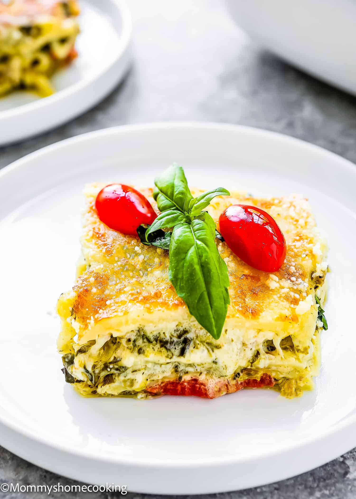 A slice of vegetable lasagna, akin to an easy white turkey lasagna, is topped with fresh basil leaves and vibrant cherry tomatoes on a pristine white plate.