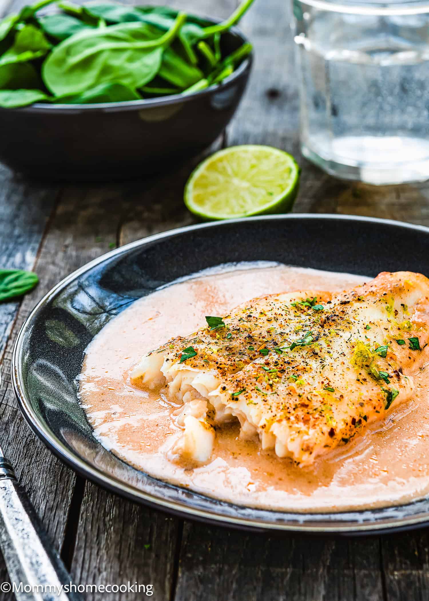 Oven-baked fish fillet with seasoning and a creamy sauce on a black plate, garnished with herbs. A lime slice is beside the plate, adding zest. A bowl of spinach and a glass of water sit in the background, making this quick and easy dish feel like an elegant casserole experience.