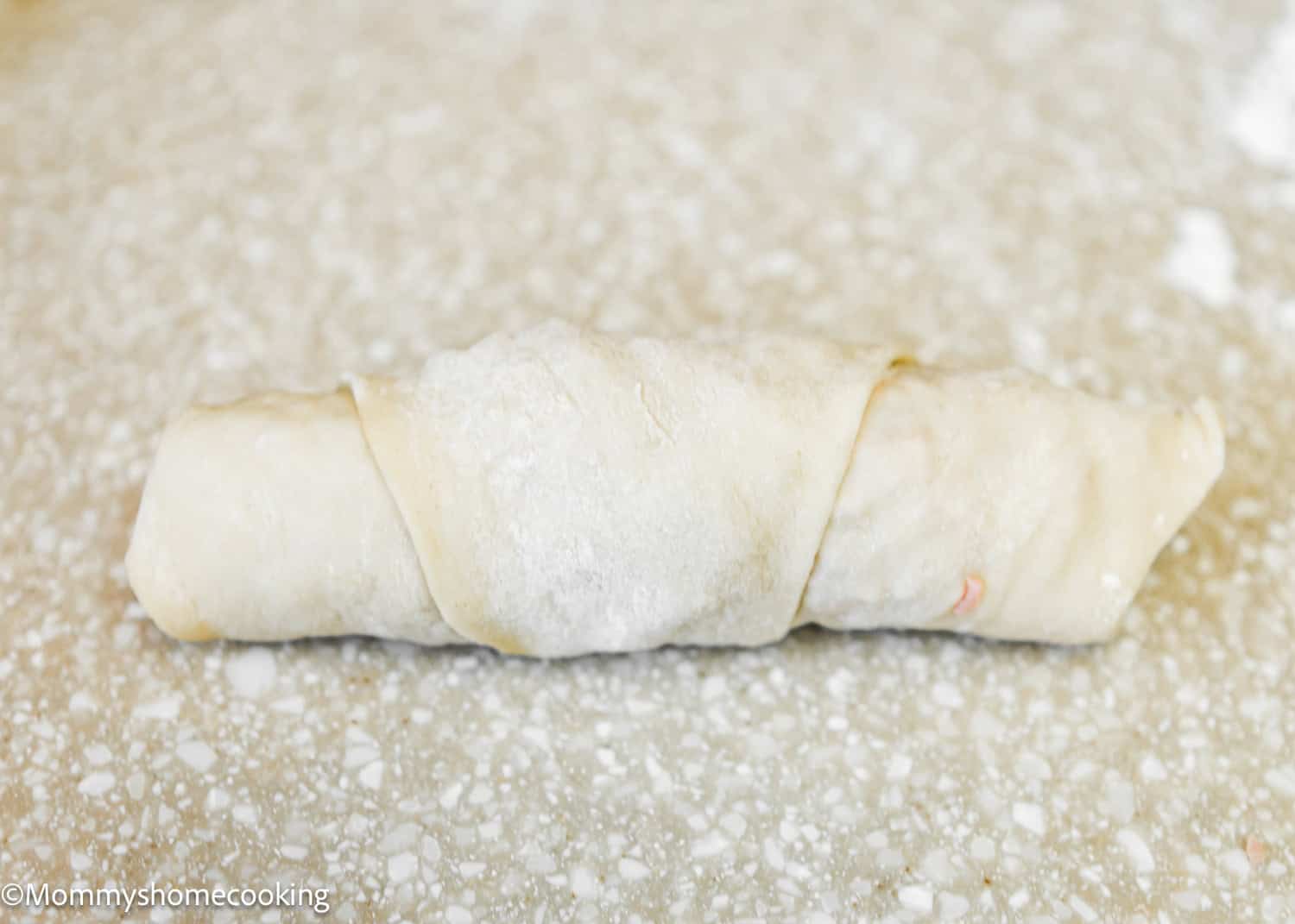 A rolled uncooked pastry, reminiscent of Venezuelan Cachitos de Jamon, with a slightly textured surface rests on a speckled countertop.