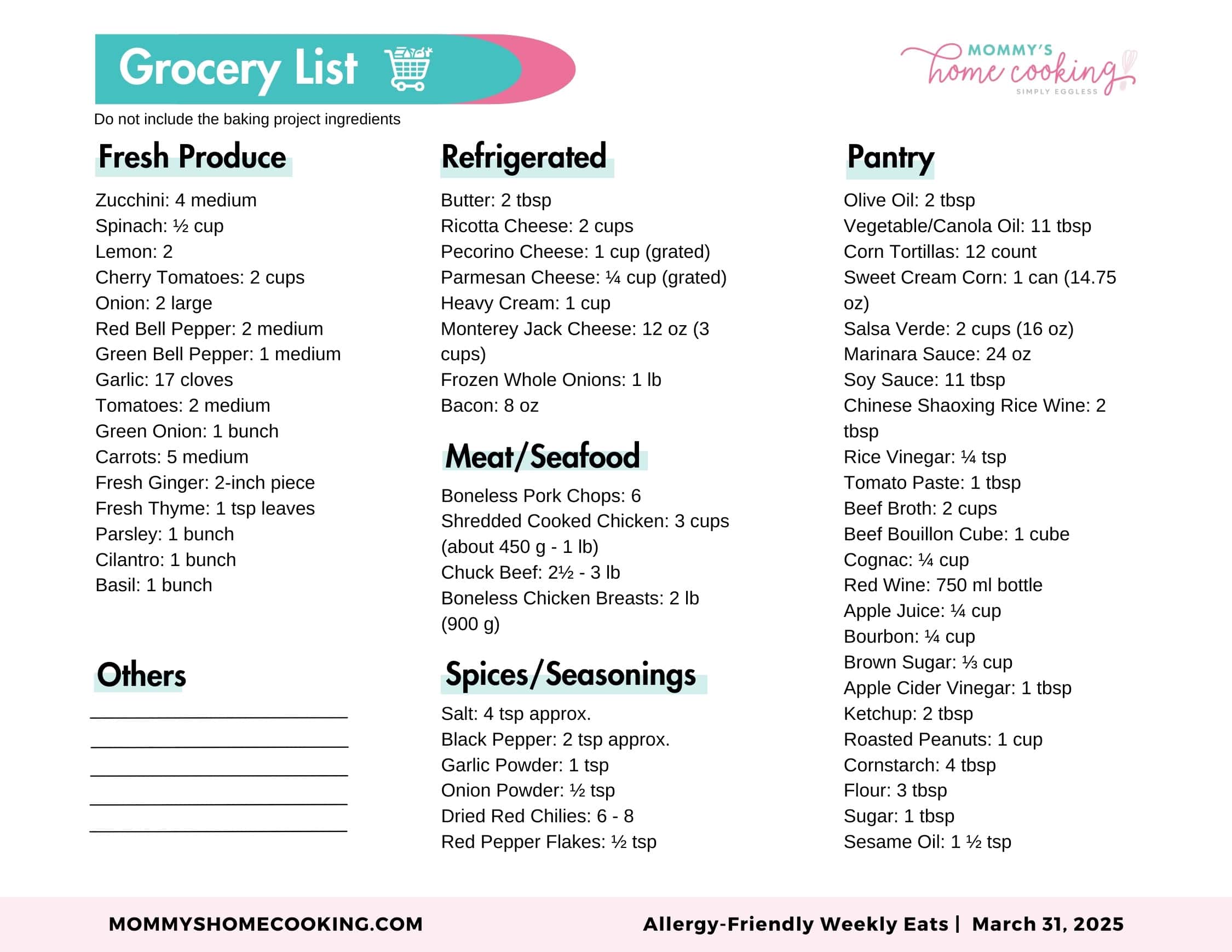 Allergy-Friendly Weekly Eats Mar 31, 2025 Shopping List